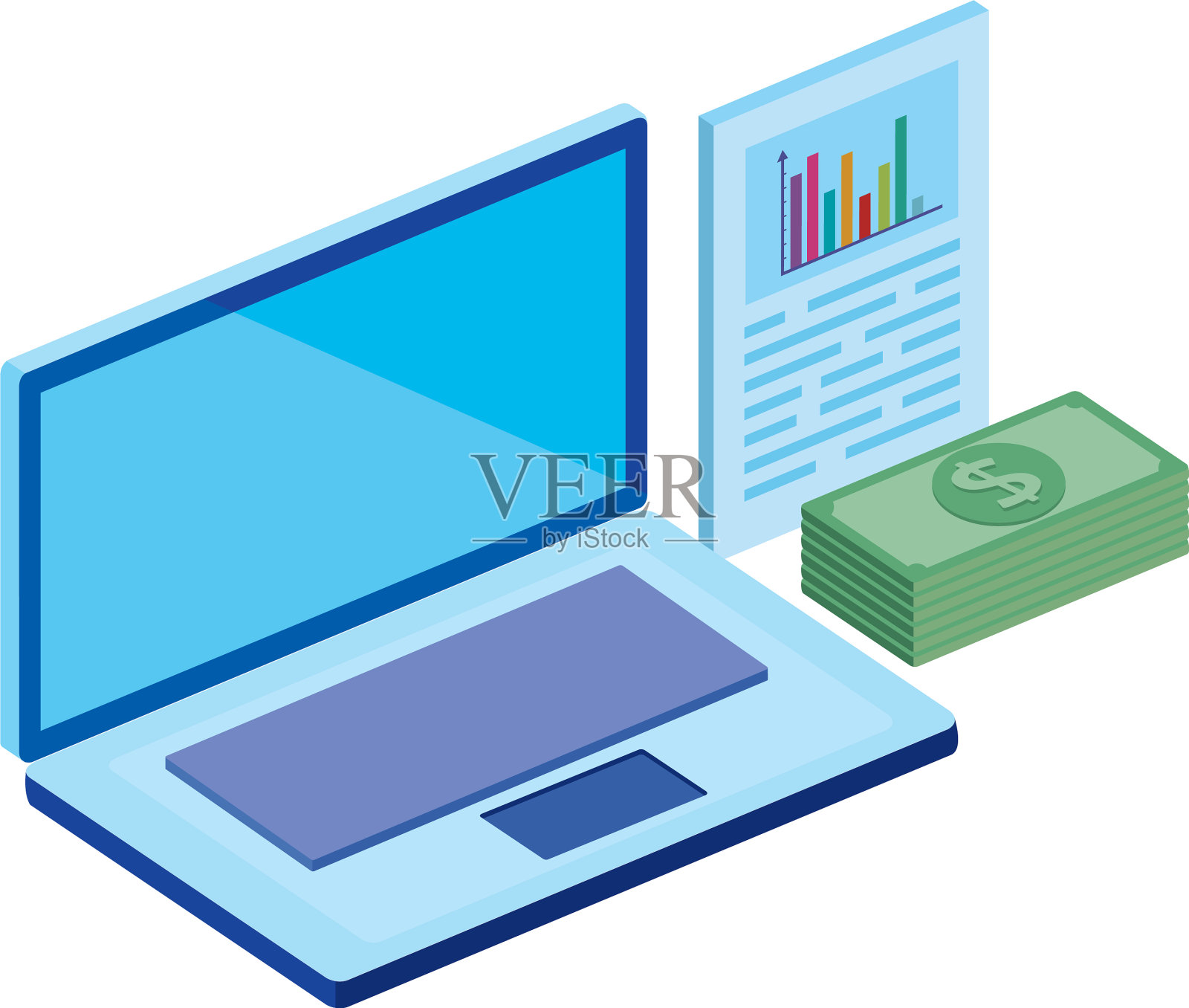 用笔记本电脑和信息图表堆叠账单设计元素图片