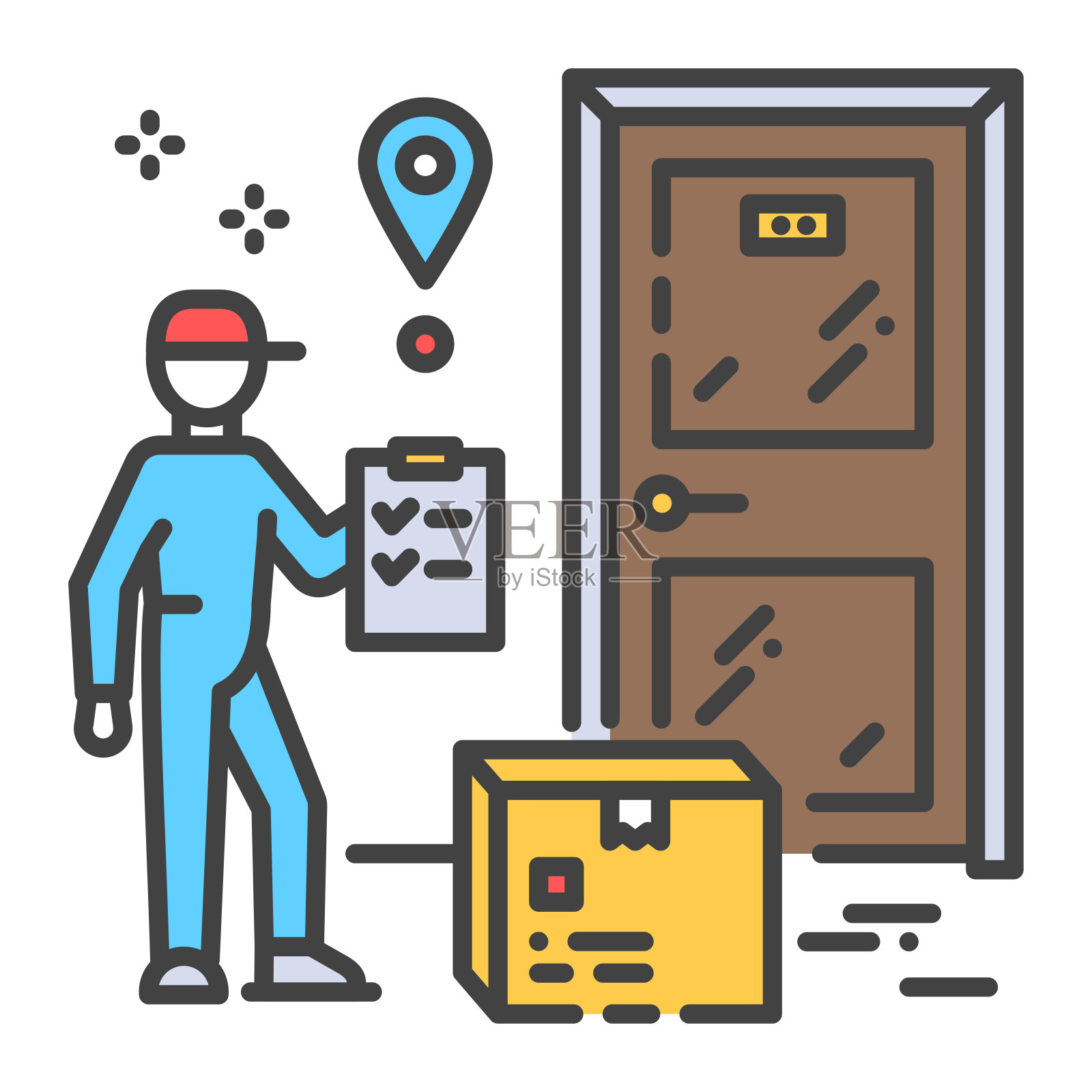 快递门下有彩色送货线图标。呆在家里。为网页、应用、UI、UX等设计元素签名。可编辑的中风插画图片素材