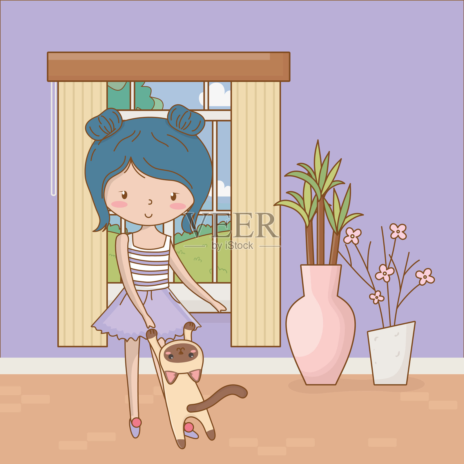 女孩与猫卡通设计插画图片素材