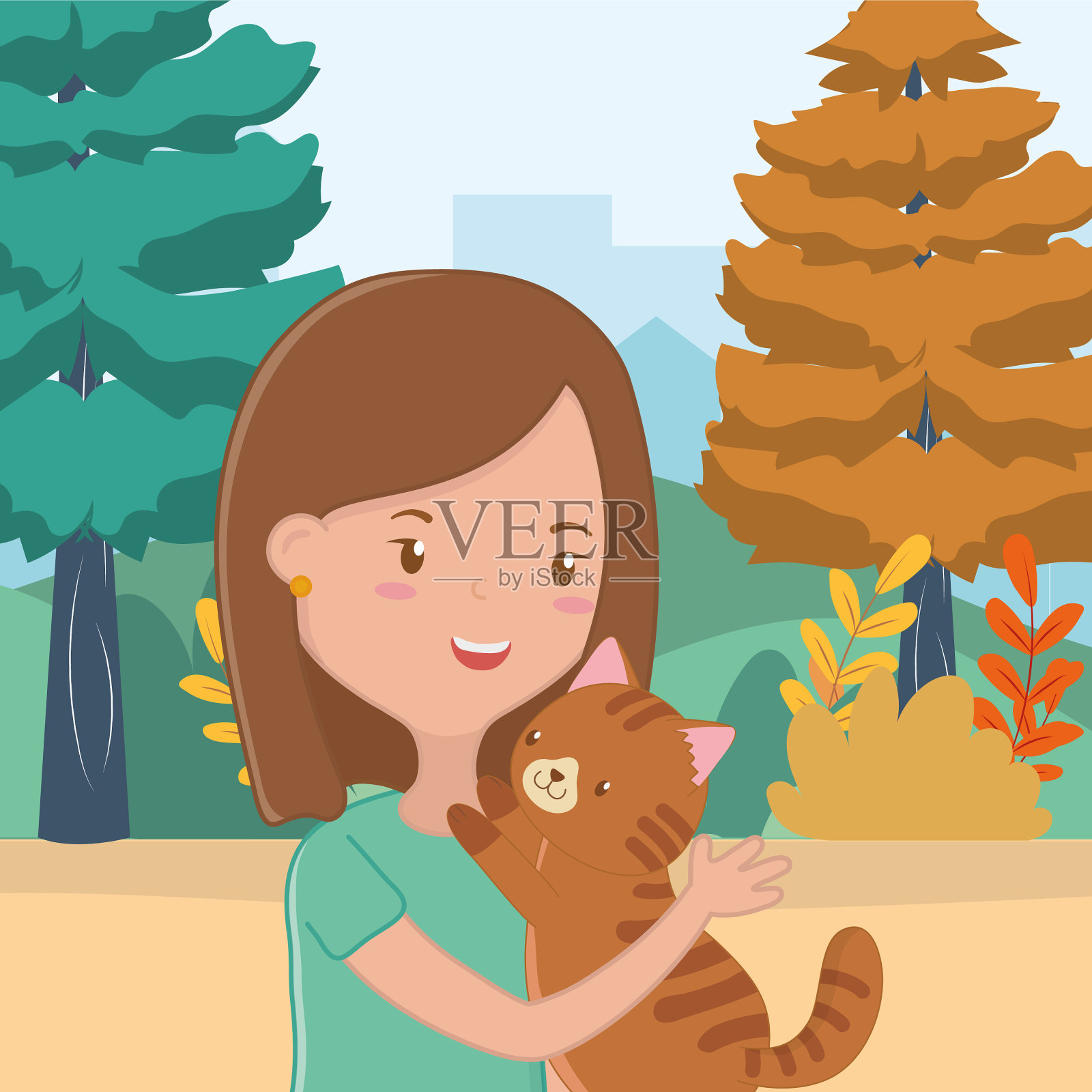 女孩与猫卡通设计插画图片素材