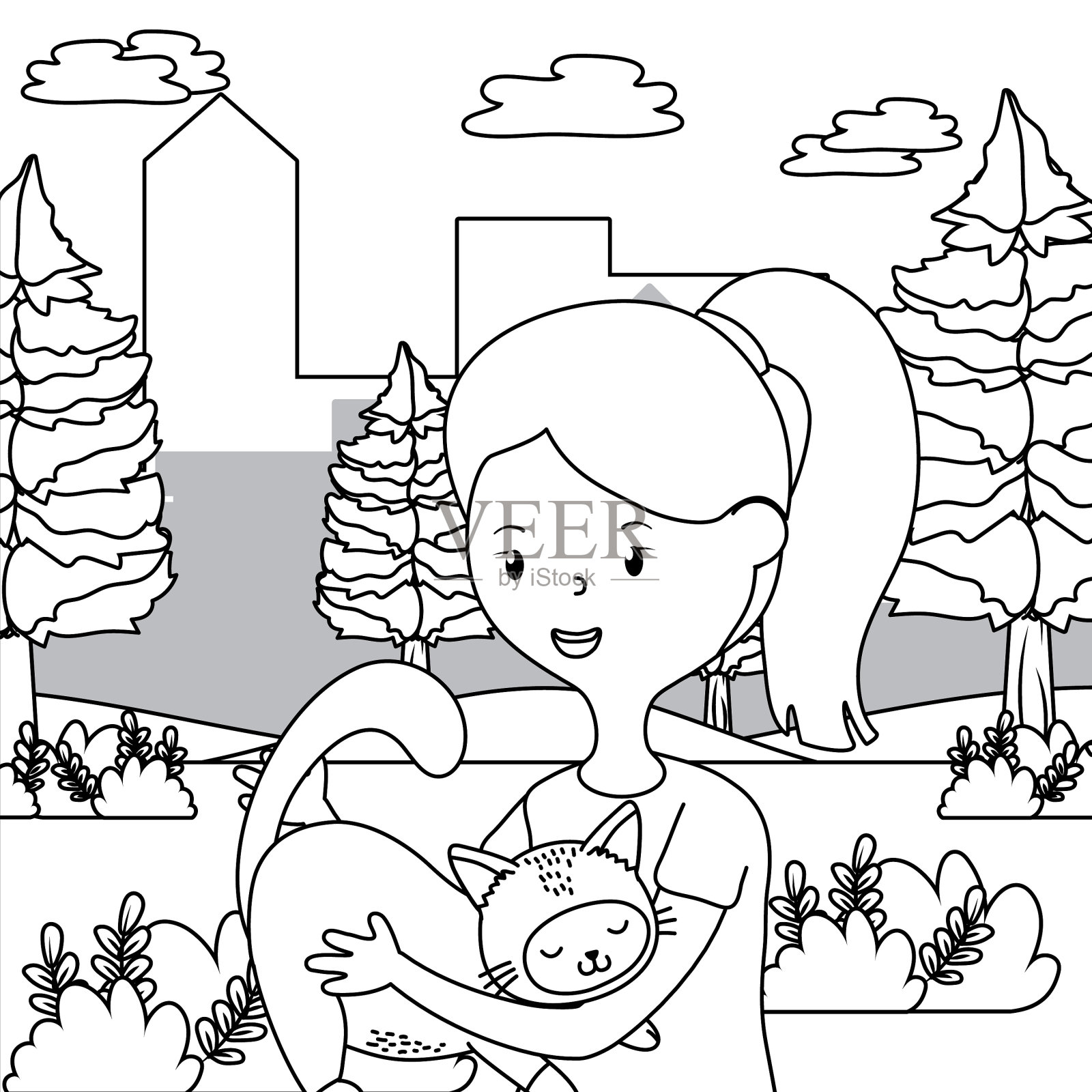 女孩与猫卡通设计插画图片素材