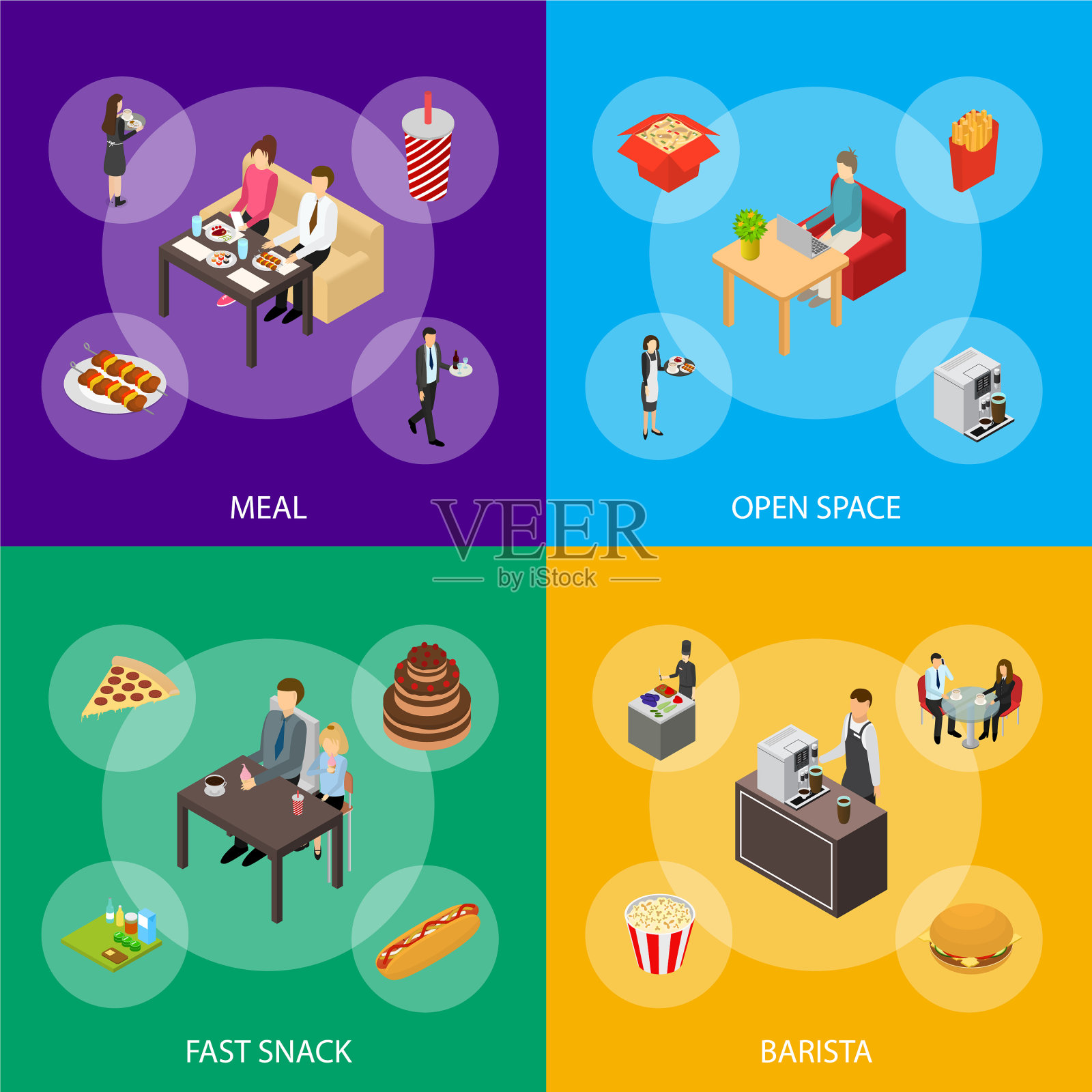 餐厅，咖啡馆或酒吧和人的3d横幅设置图标素材