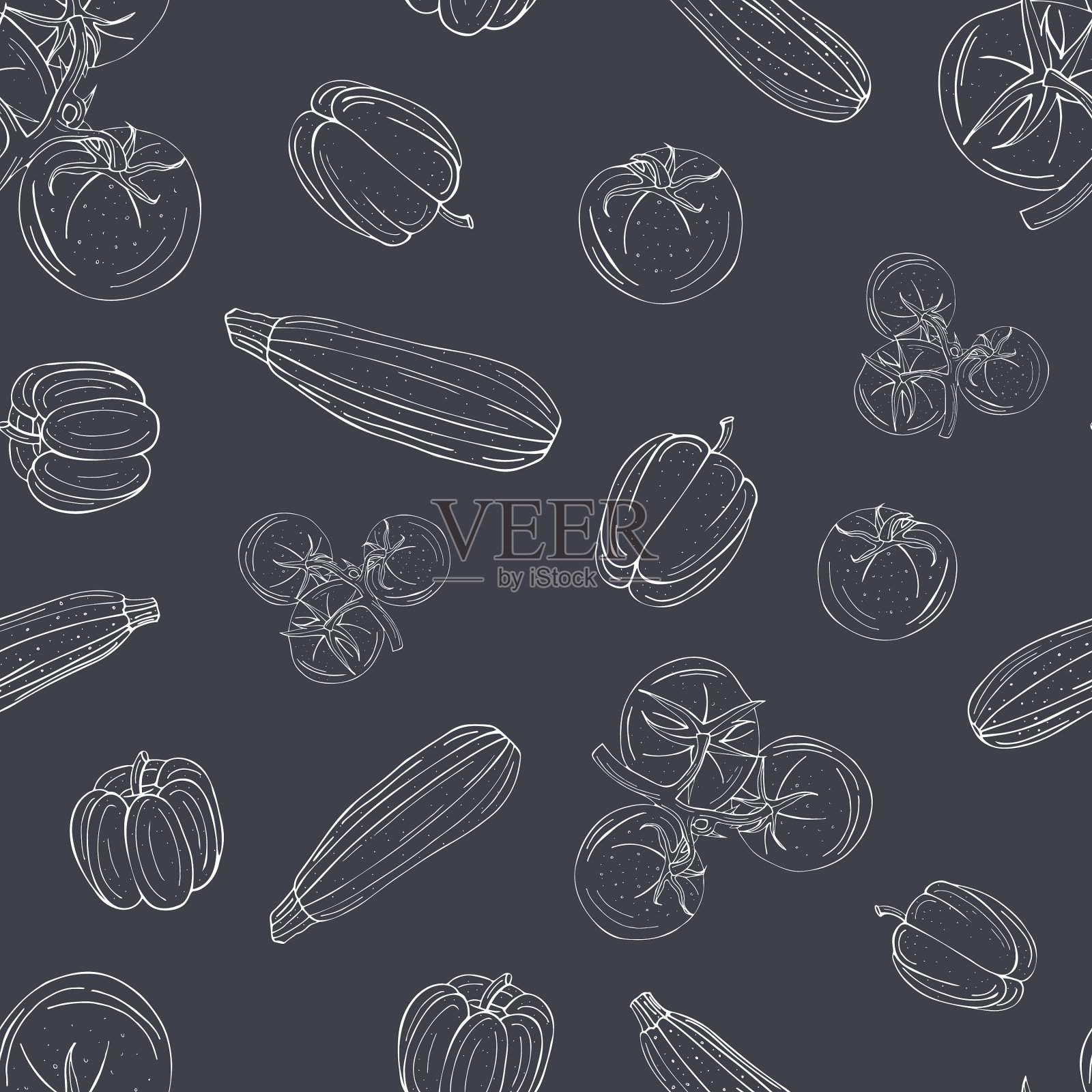 无缝图案蔬菜白色轮廓上插画图片素材