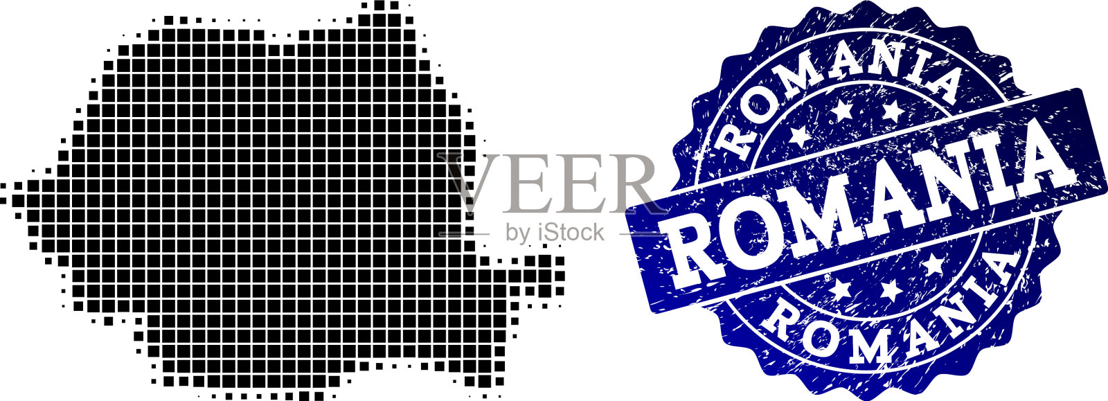 罗马尼亚的半色调虚线地图拼贴插画图片素材