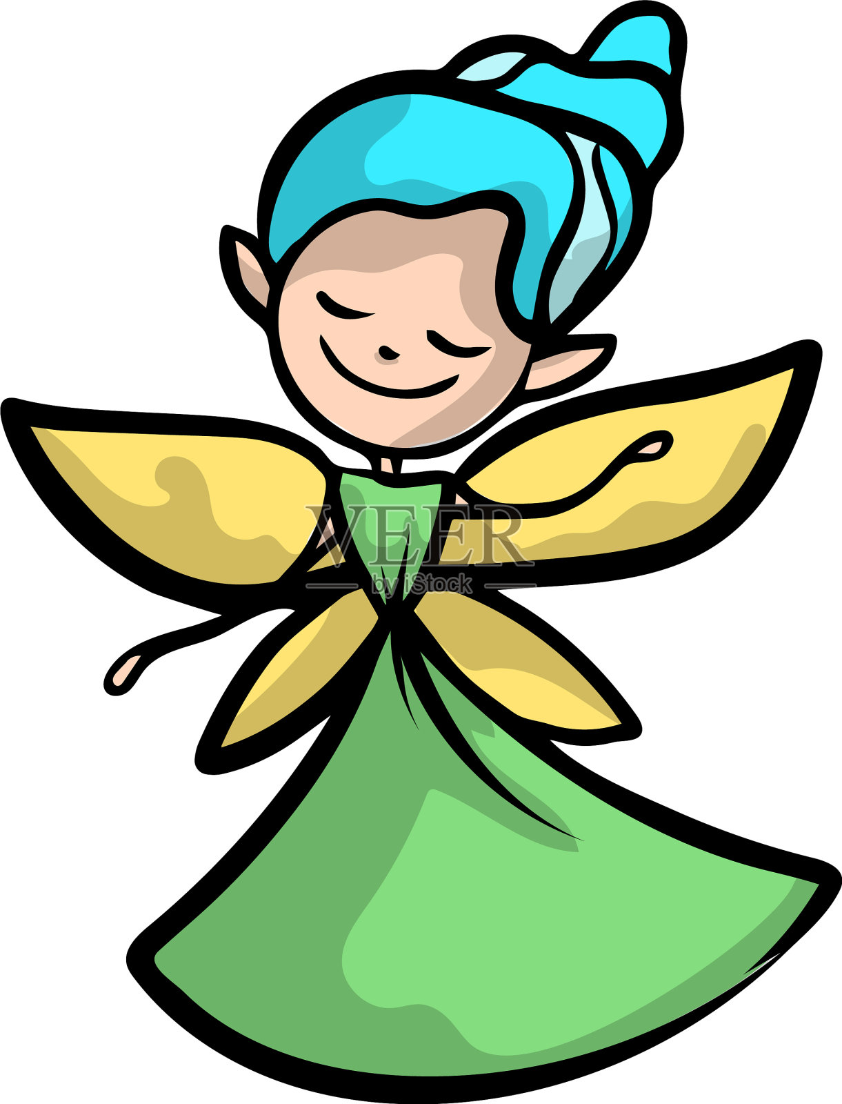 可爱的仙女有金色的翅膀，蓝色的头发和绿色的设计元素图片
