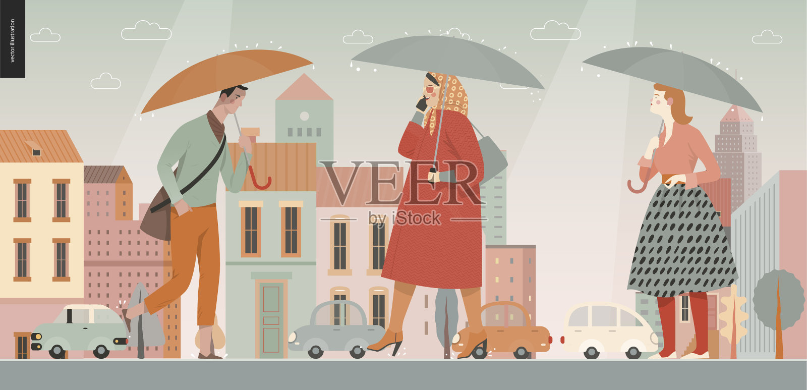 雨中行走的人插画图片素材