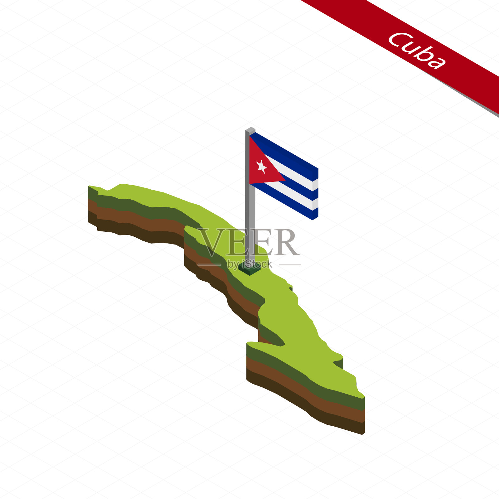 古巴等距地图和国旗插画图片素材