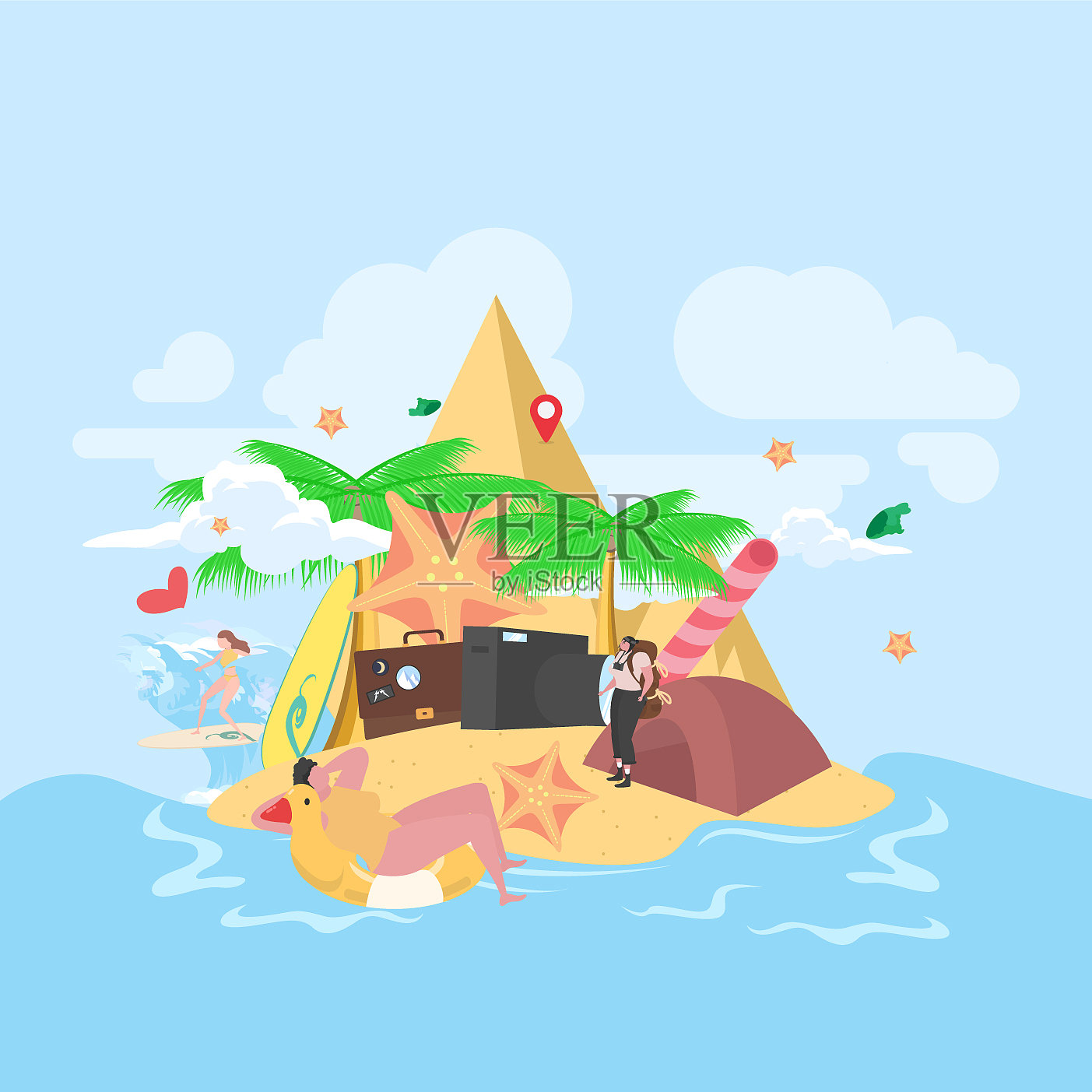 游客到海滩度假插画图片素材