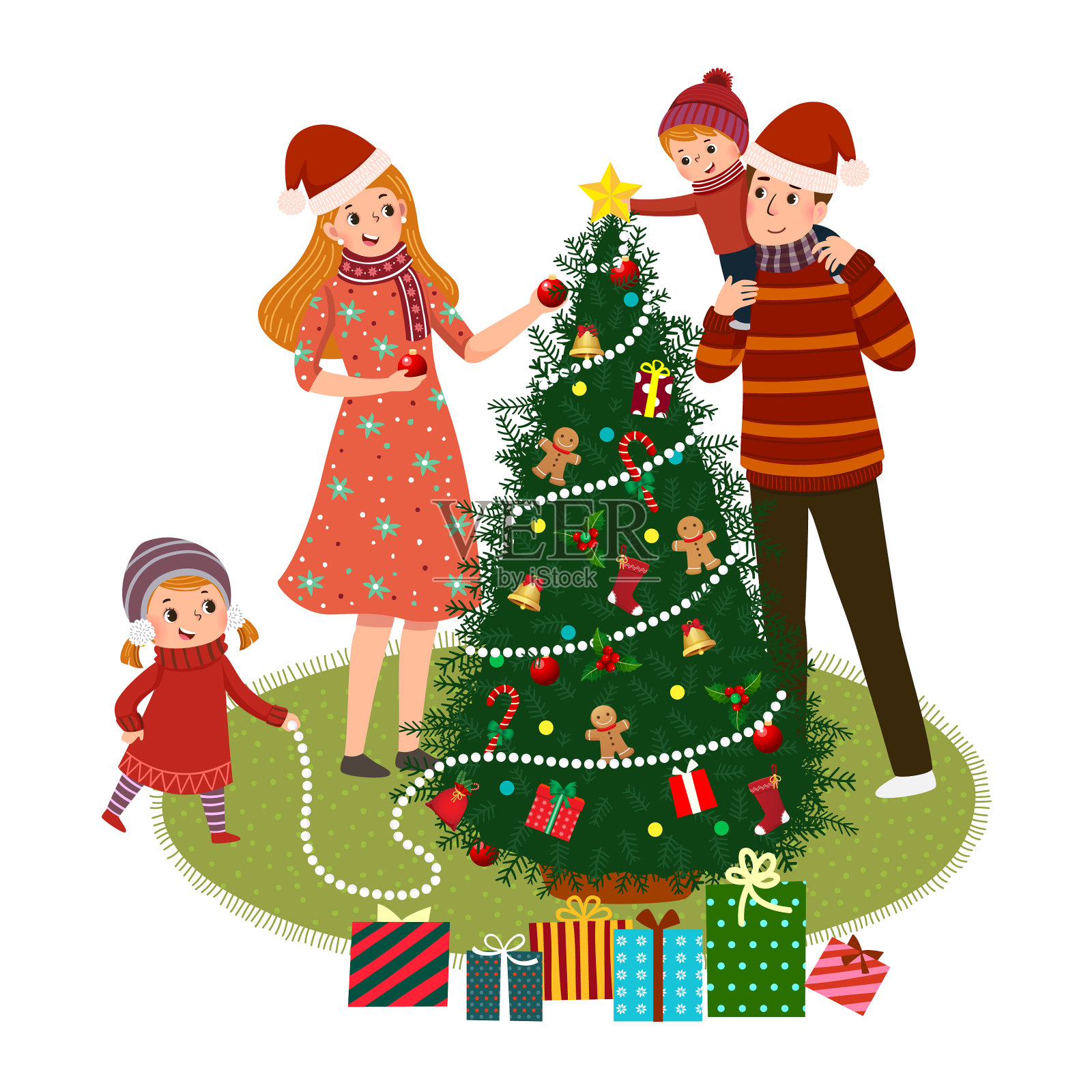 卡通家庭装饰圣诞树设计元素图片