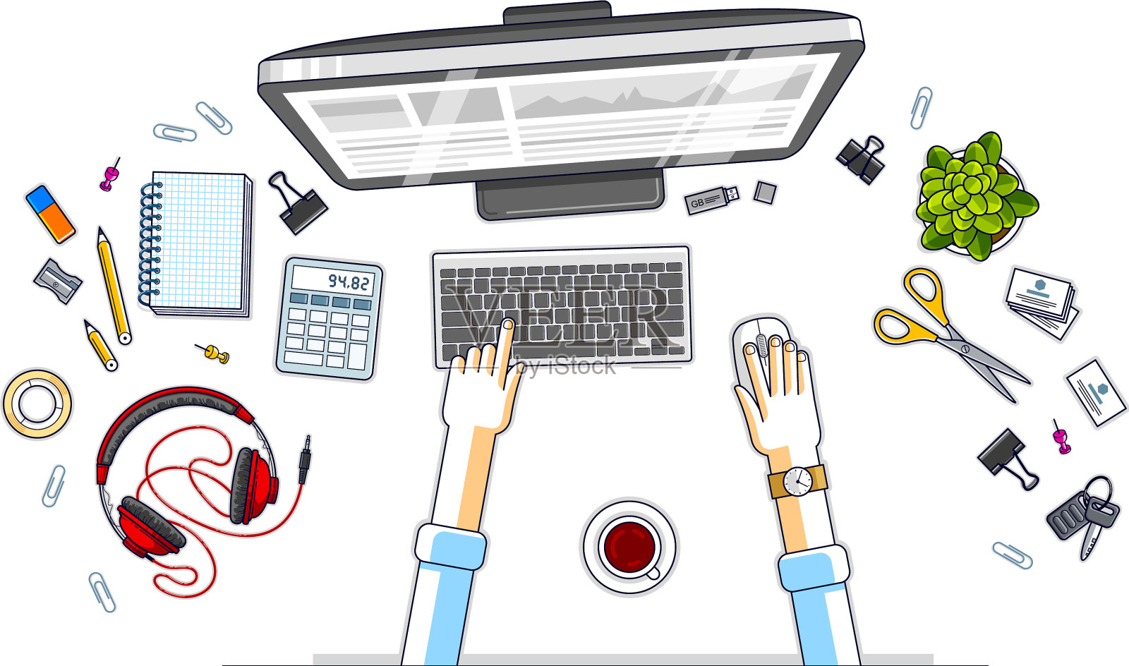 工作台工作空间俯视图与手办公室插画图片素材