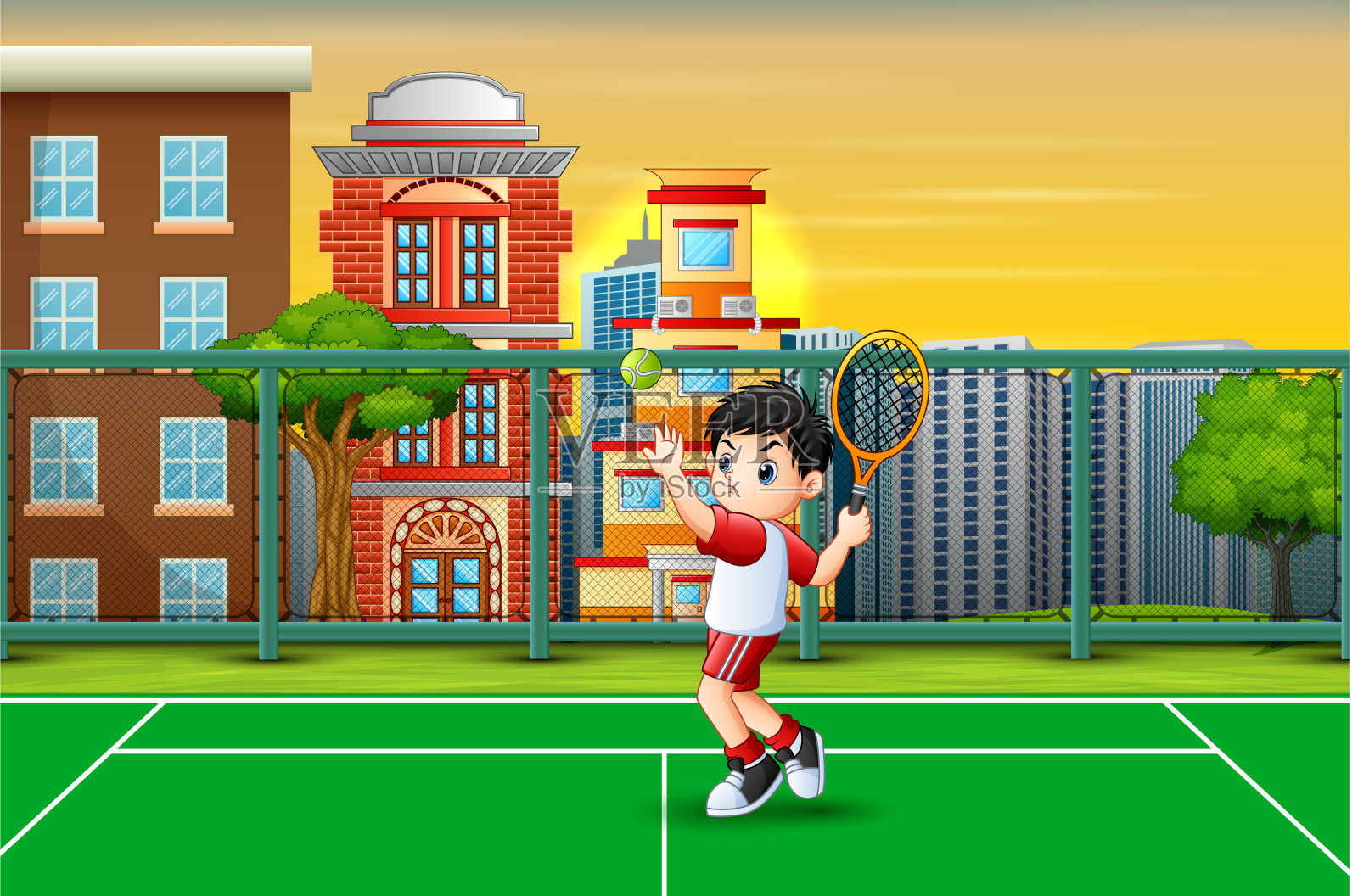 漫画一个男孩在球场打网球插画图片素材