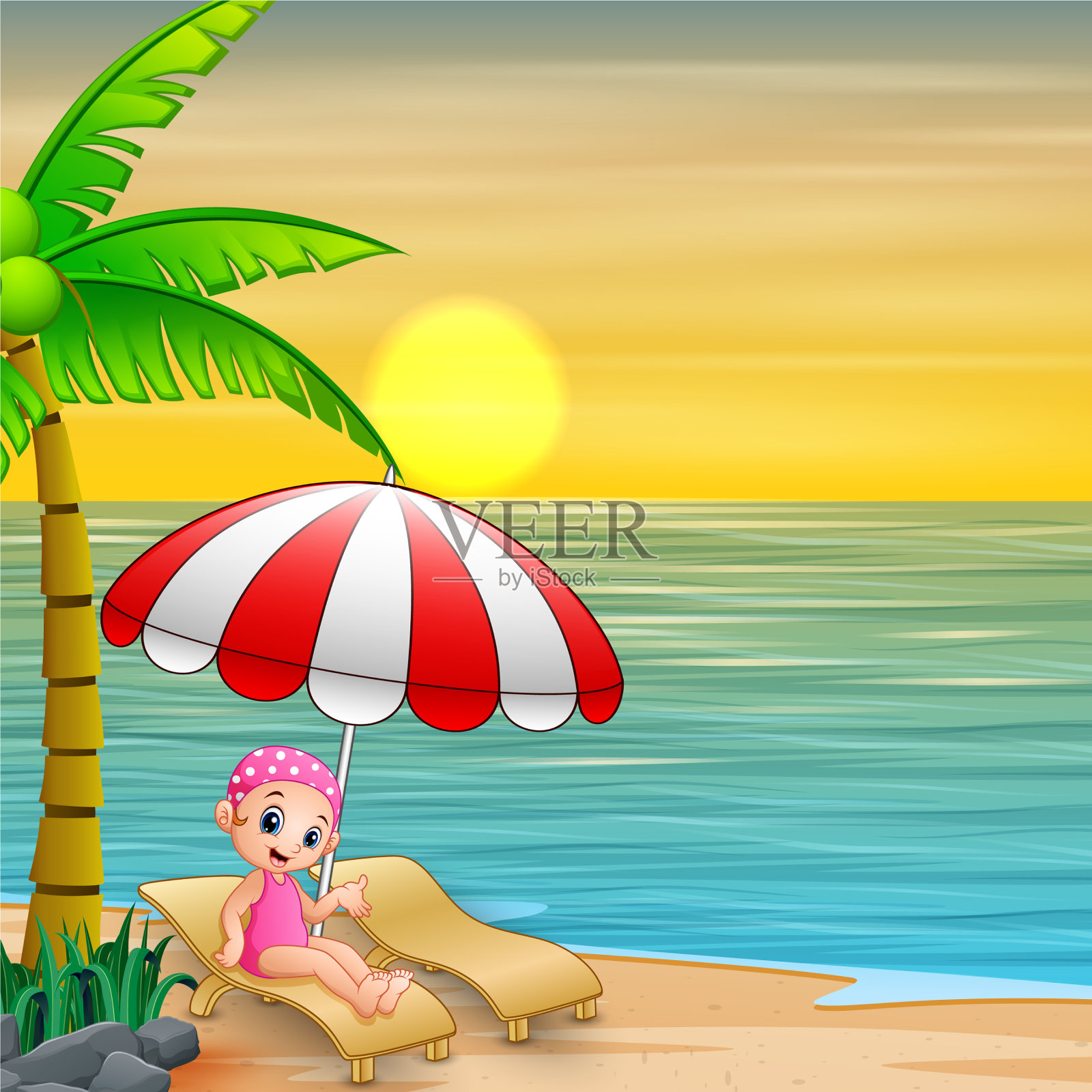 女孩躺在躺椅上，在阳伞下休息插画图片素材