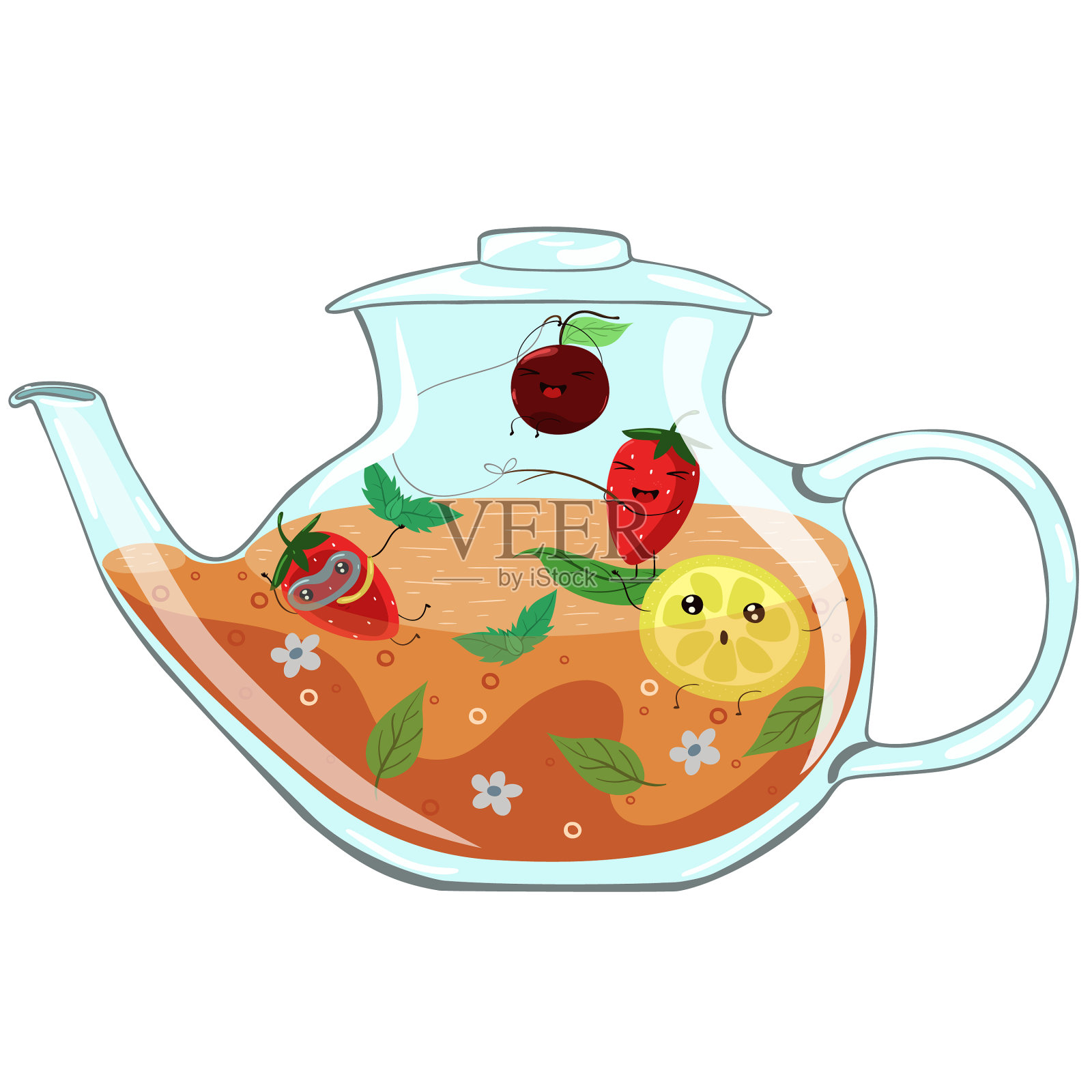 玻璃茶壶与莓茶有趣的水果设计元素图片