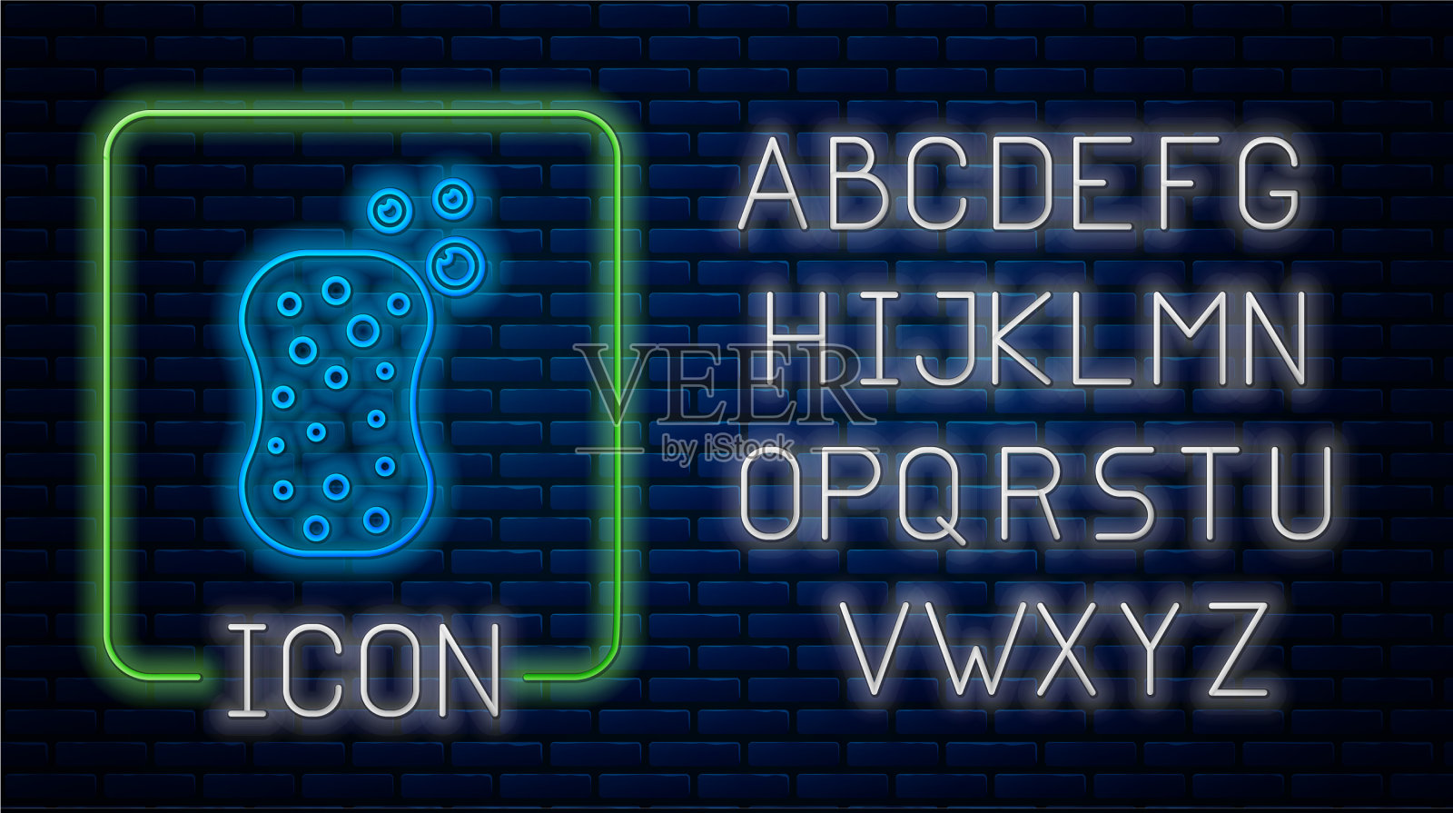 发光的霓虹灯海绵与气泡图标隔离插画图片素材