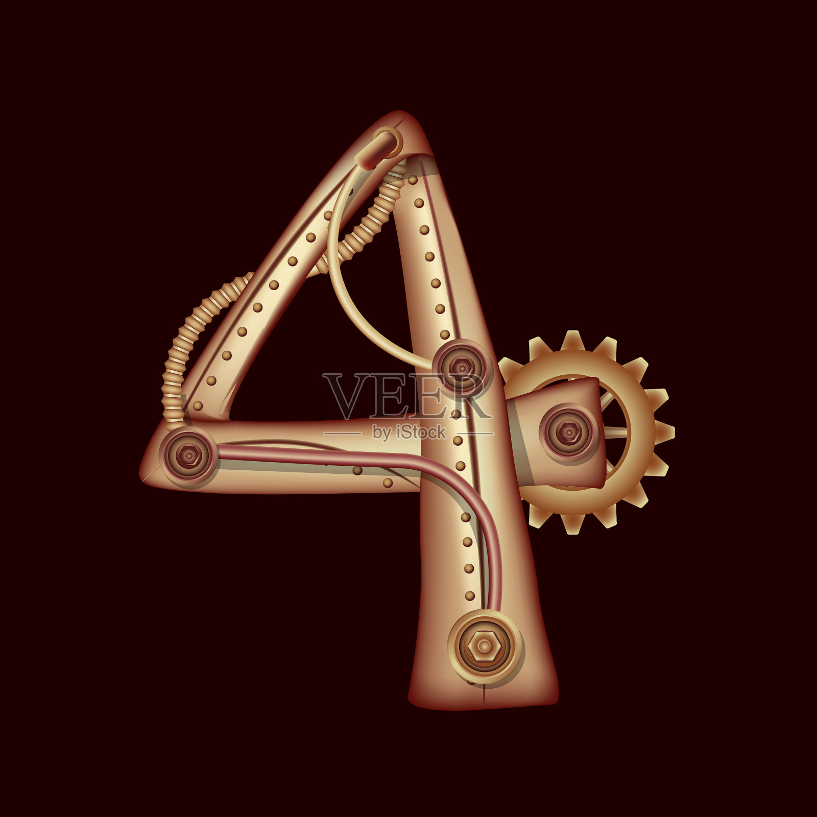 数字4的机械字母表蒸汽朋克风格插画图片素材