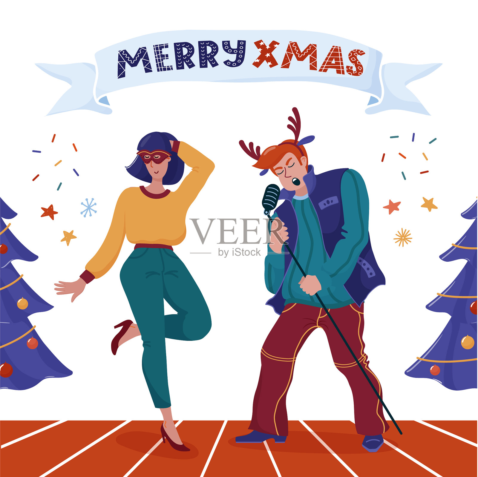 男人签名女人跳舞的圣诞卡片插画图片素材