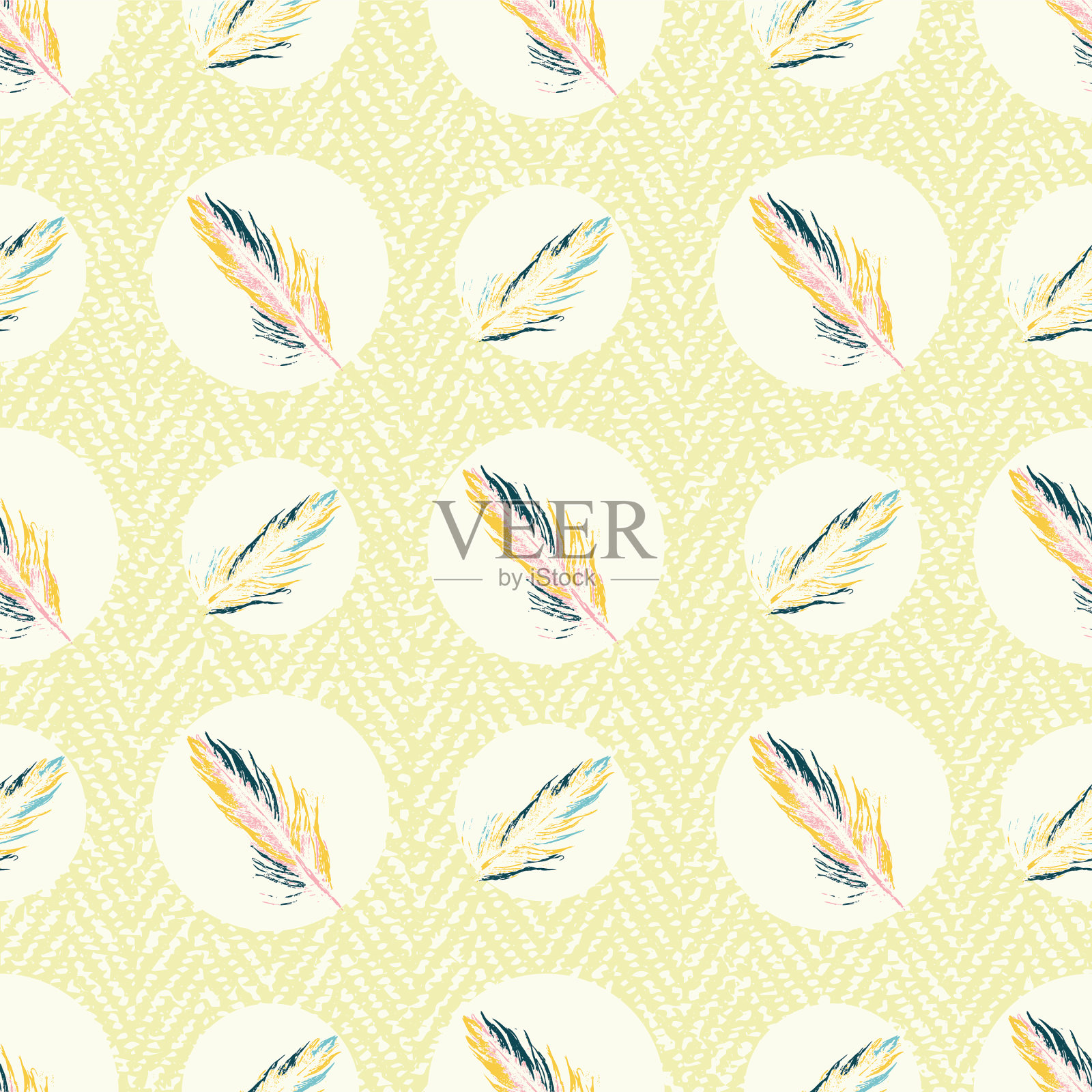 彩色羽毛在有纹理的纺织品上的圆圈插画图片素材