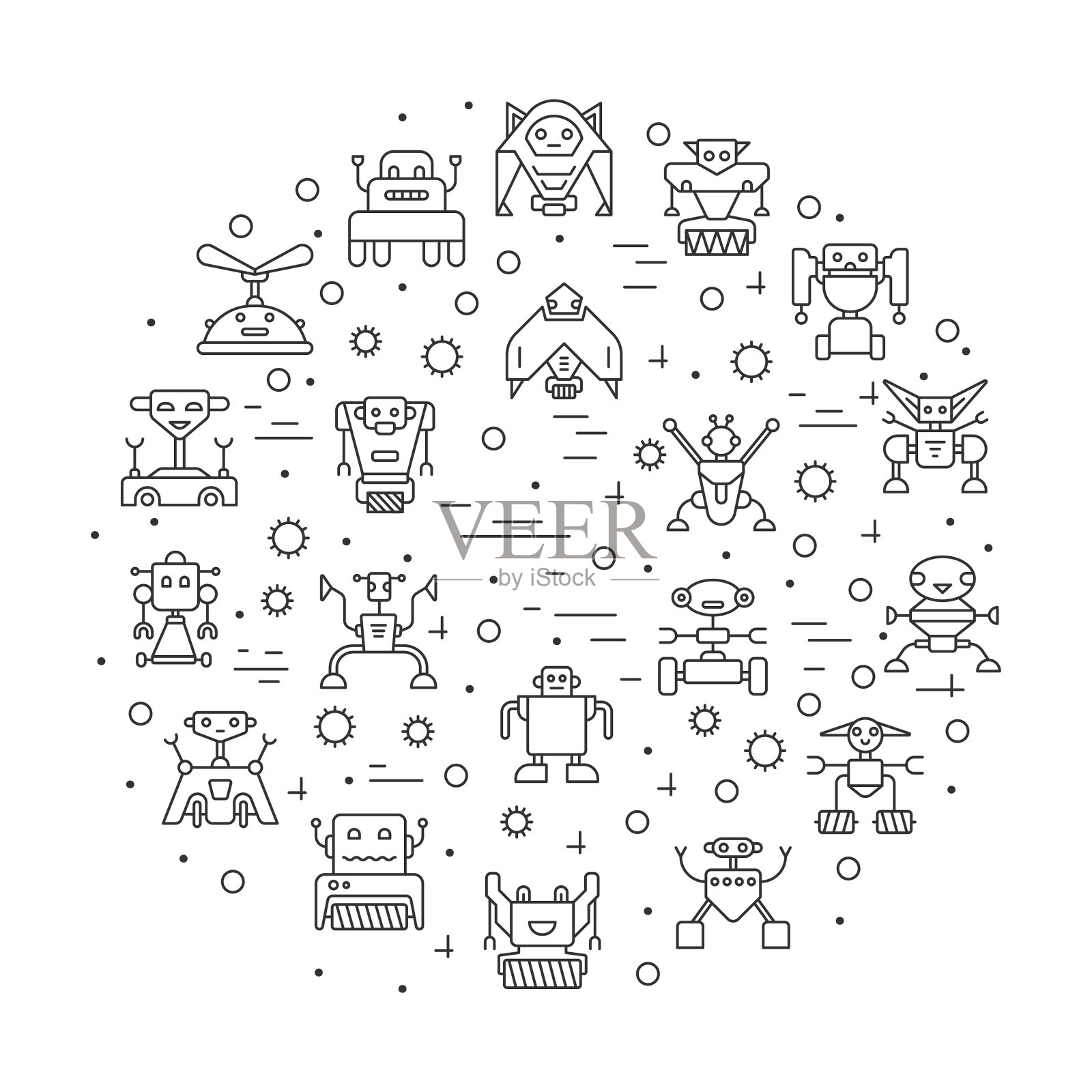 机器人角色ai线图标设置圆形横幅插画图片素材