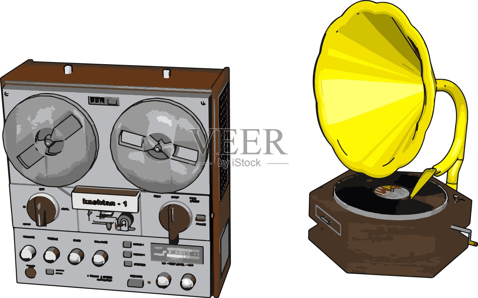 老式的录音机，白色的留声机插画图片素材