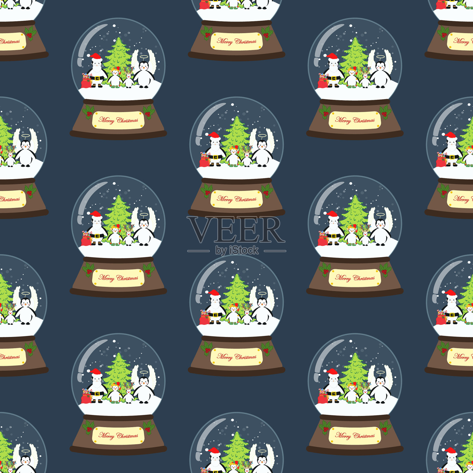 企鹅在圣诞节服装在雪球无缝插画图片素材