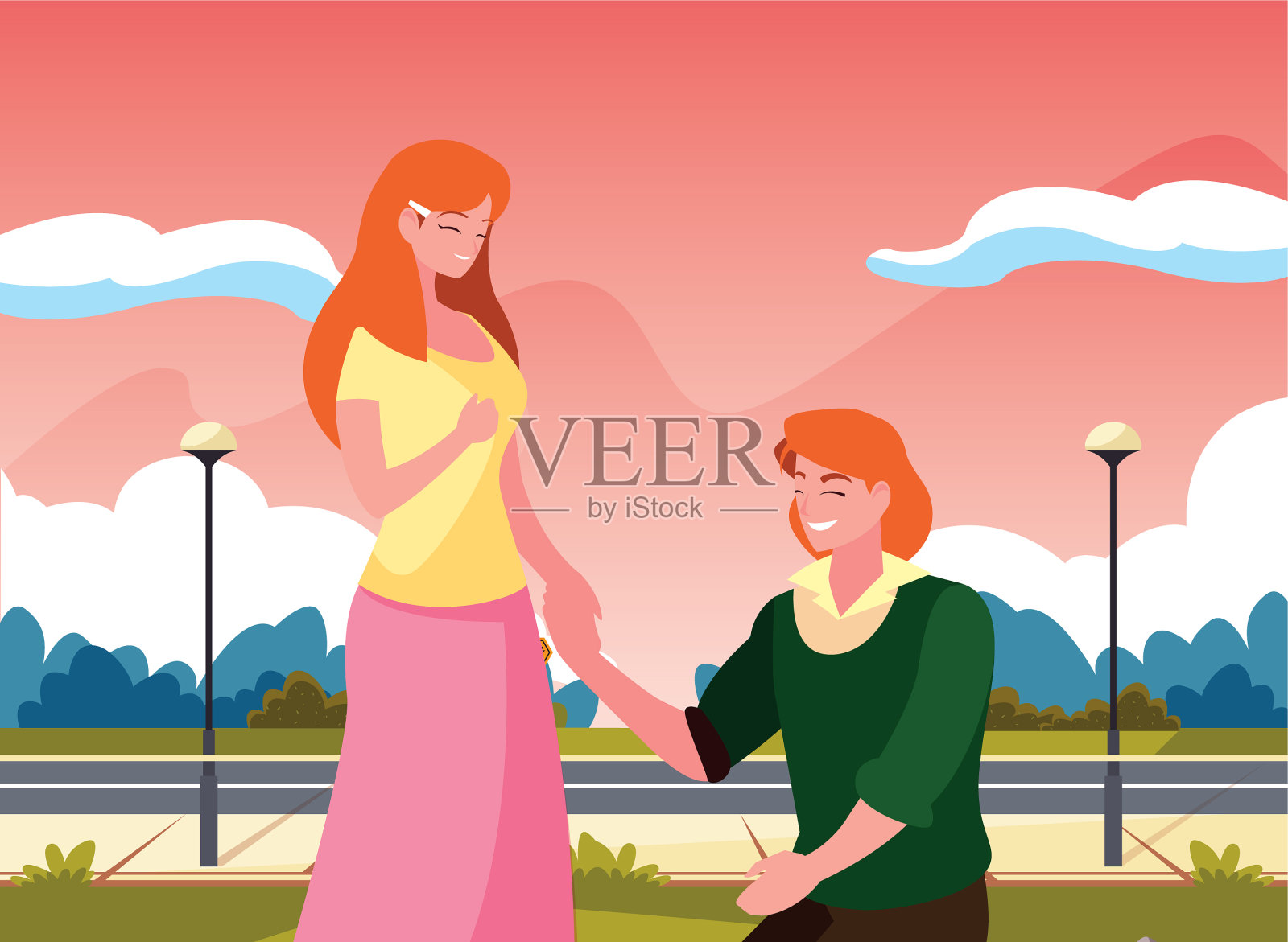 男人跪着，女人牵着手插画图片素材