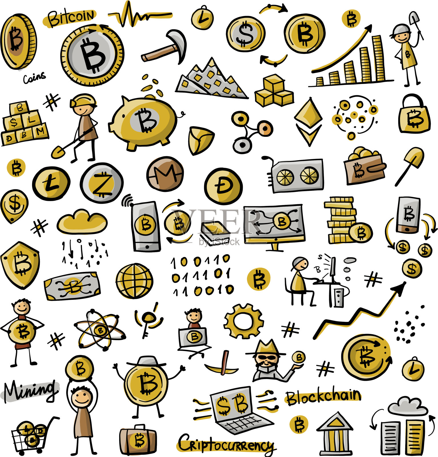 比特币加密货币和区块链技术设计元素图片