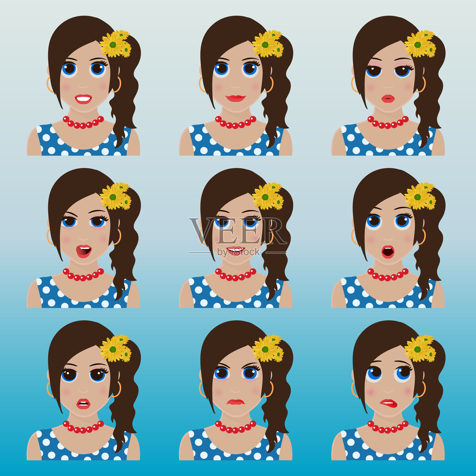 给可爱的女孩设置花的表情插画图片素材