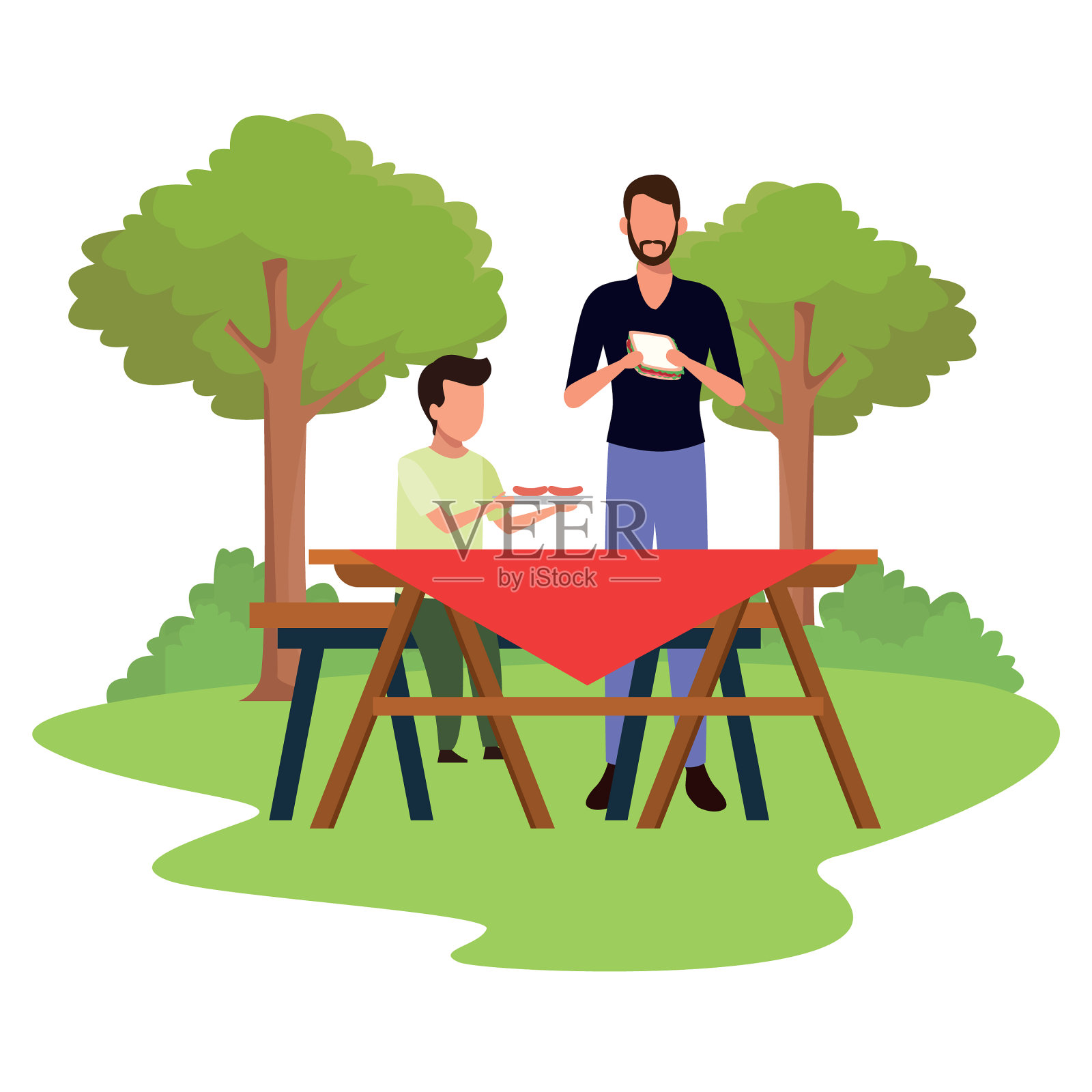 阿凡达男孩和男人在吃三明治插画图片素材