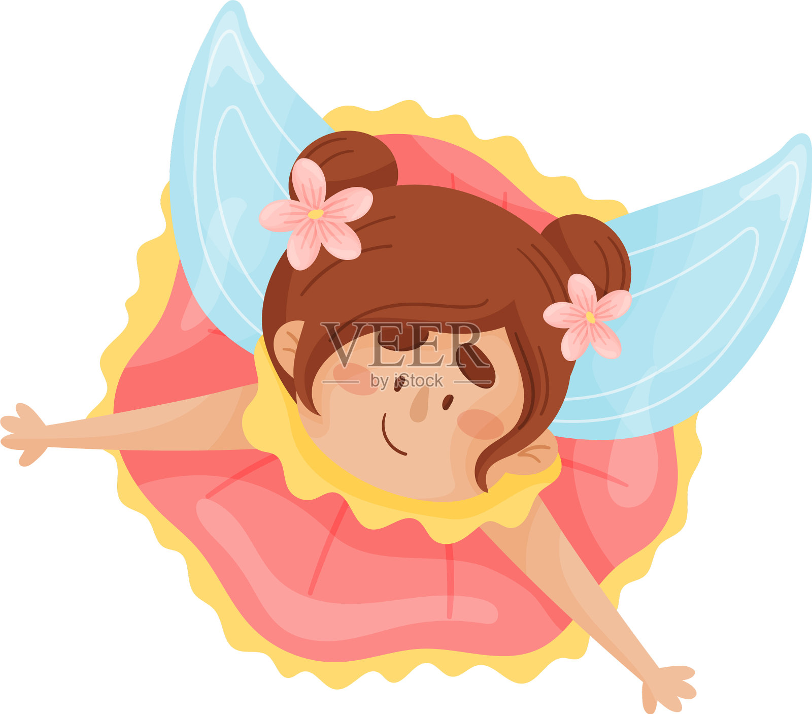 穿着粉色和黄色褶边连衣裙的卡通仙女插画图片素材