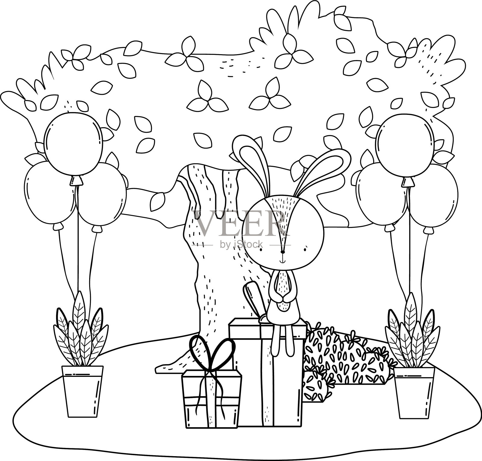 可爱的小兔子，气球里有氦气设计元素图片