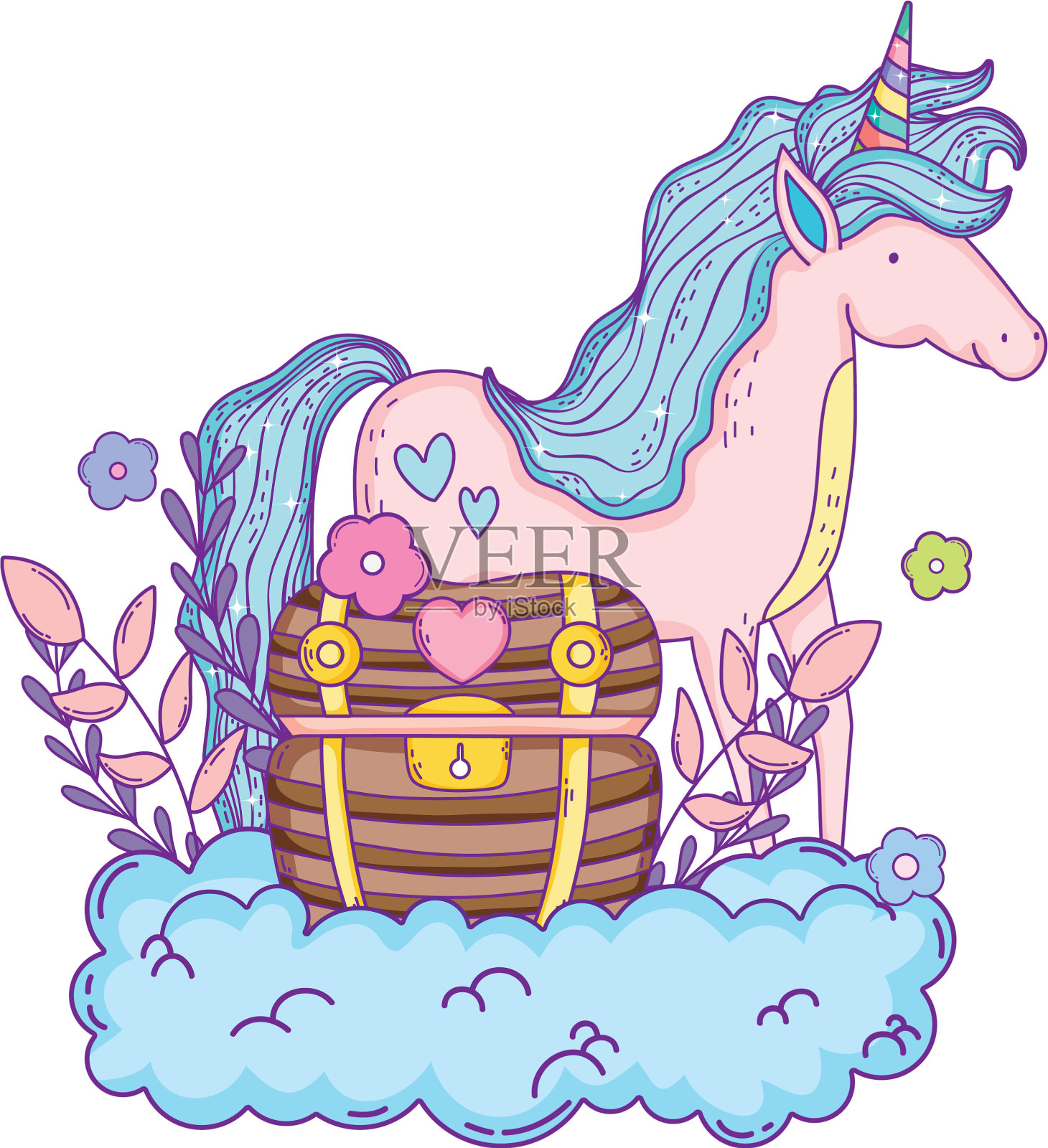 小独角兽在云中带着宝箱设计元素图片