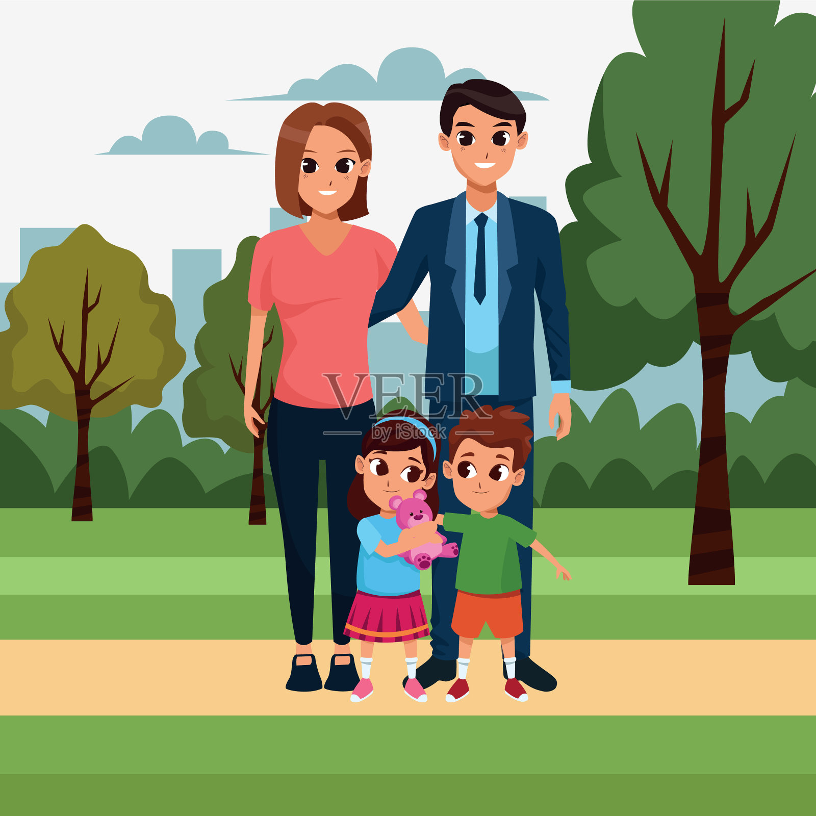 快乐的夫妇和孩子们丰富多彩的设计插画图片素材