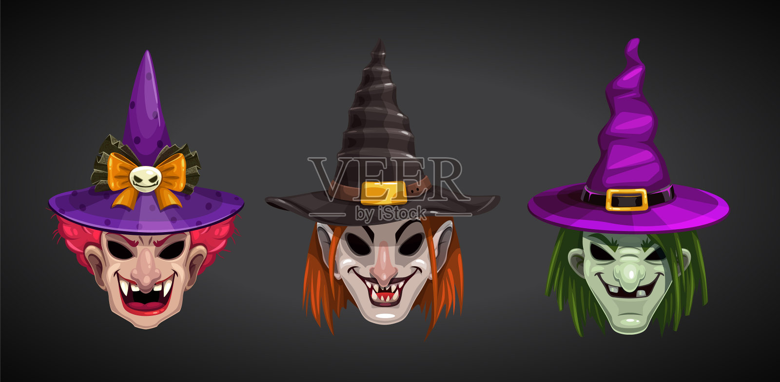 卡通女巫的面孔在黑暗的背景下令人毛骨悚然插画图片素材