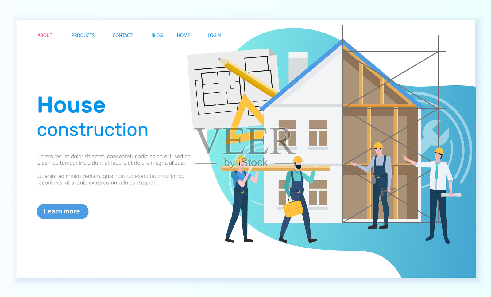 房屋建设网站与工人工地插画图片素材