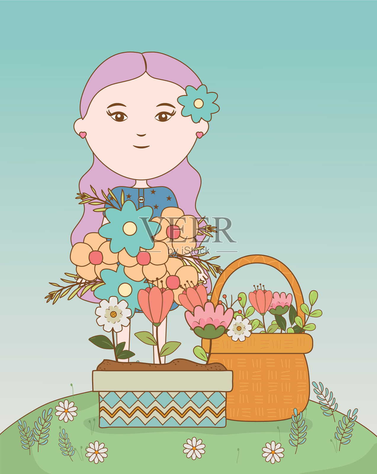 女孩拿着花束在花盆篮子里插画图片素材