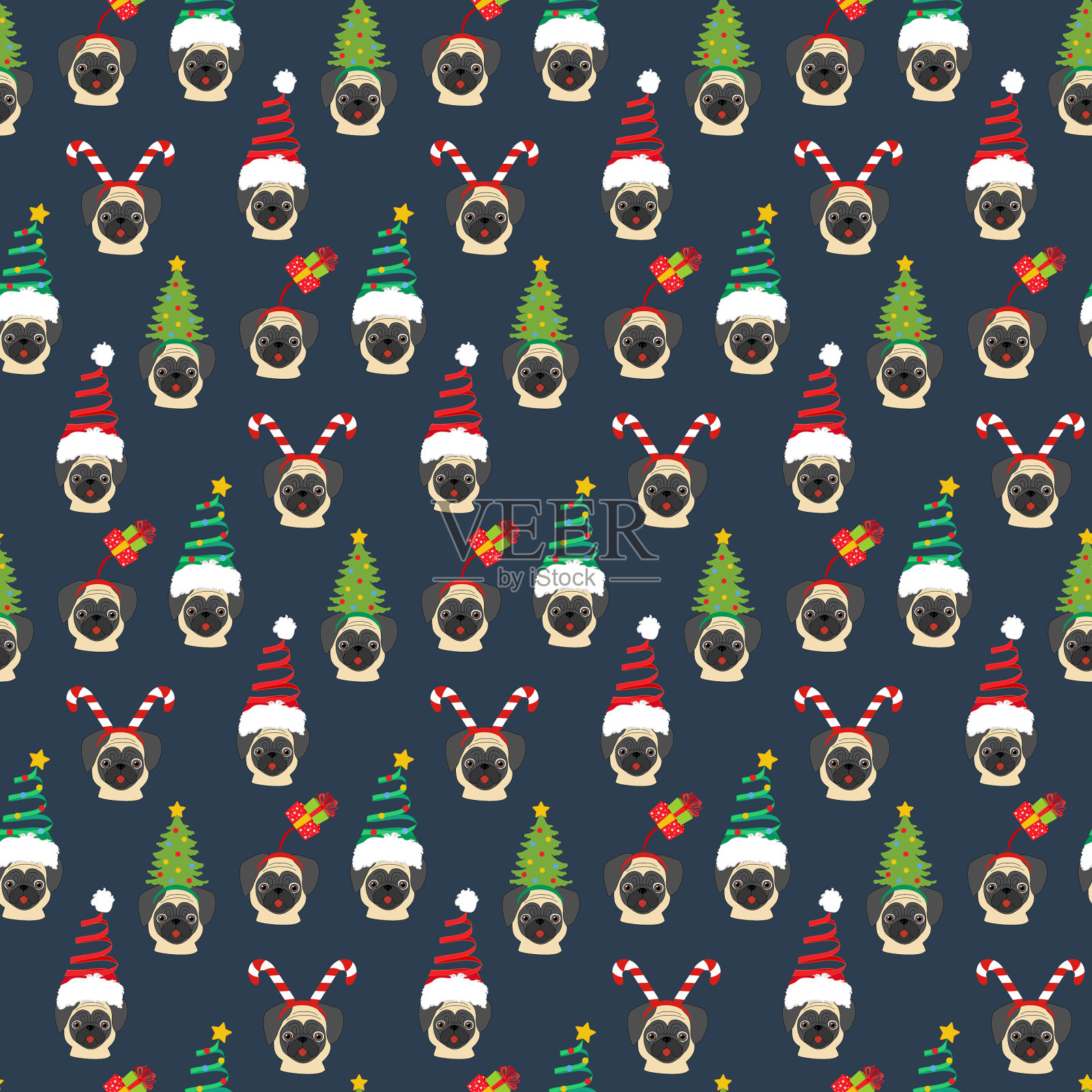 哈巴狗圣诞帽无缝图案插画图片素材