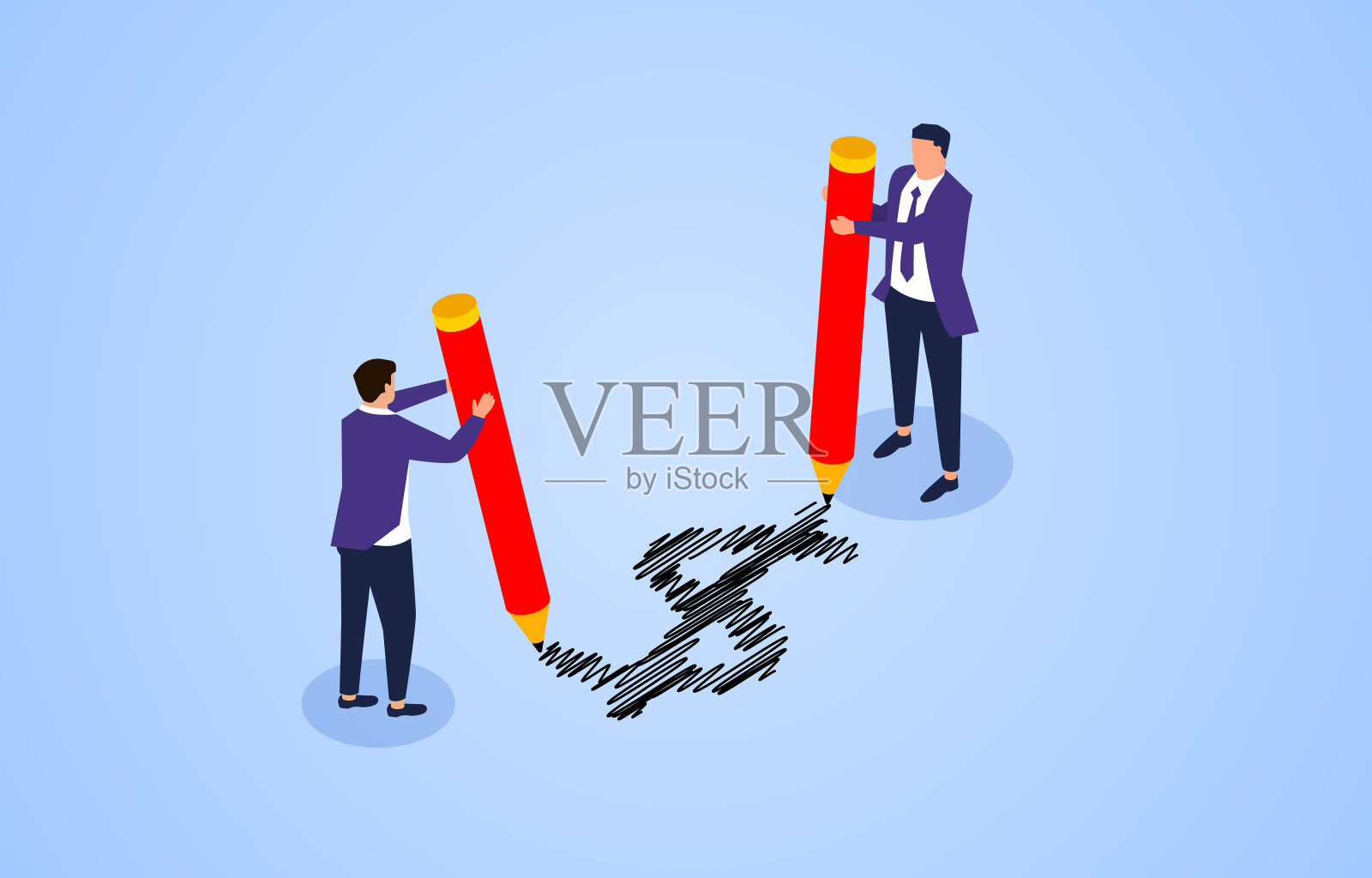 两个商人拿着铅笔画着美元标志插画图片素材