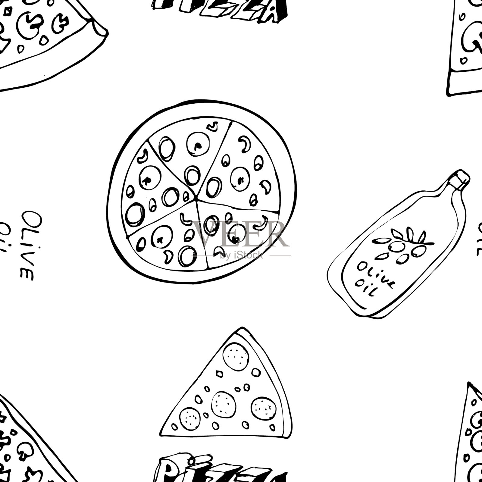 无缝模式与手绘披萨片插画图片素材