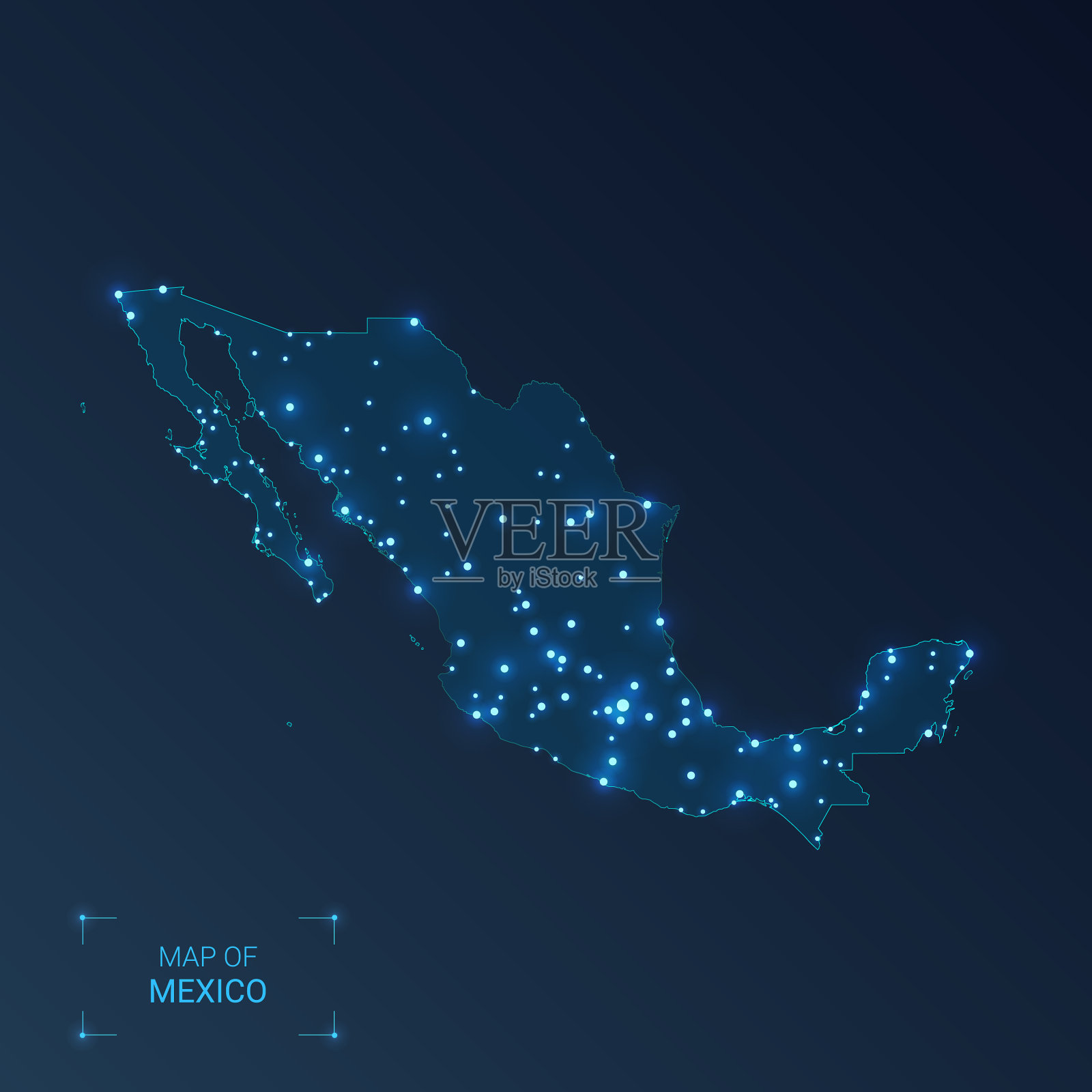 墨西哥地图与城市发光点-霓虹灯插画图片素材