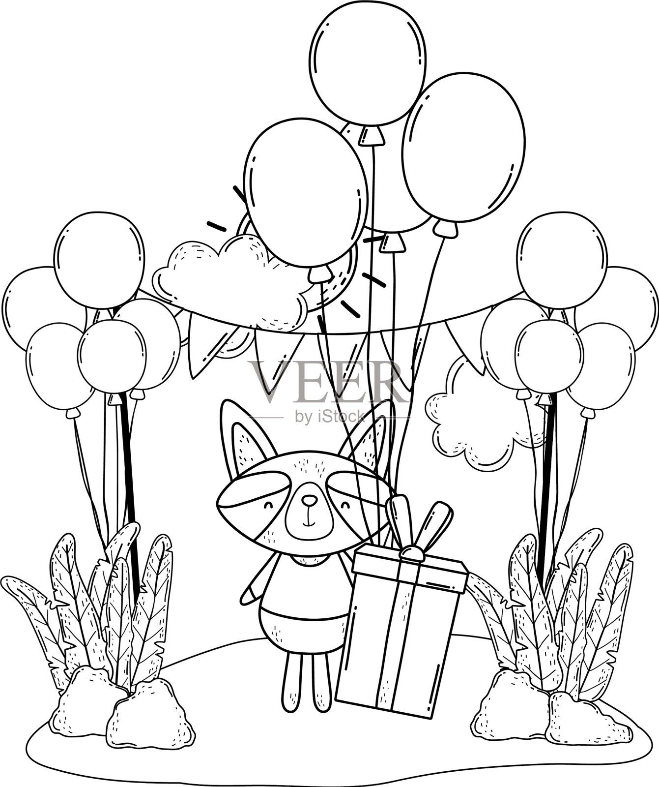 在营地里拿着气球和礼物的浣熊设计元素图片