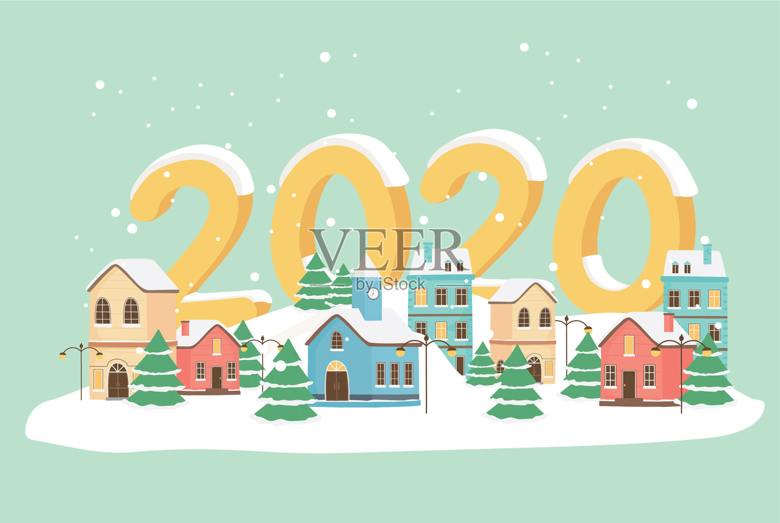 2020年新年贺卡镇树雪灯插画图片素材