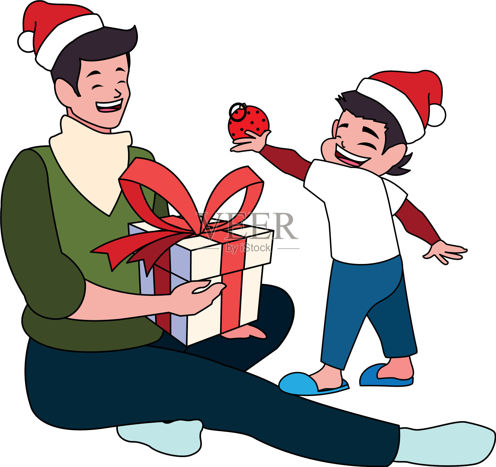 父亲和儿子用圣诞老人的帽子设计设计元素图片