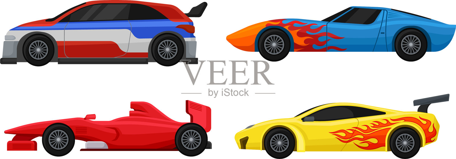 侧面观看多彩的跑车集图标素材