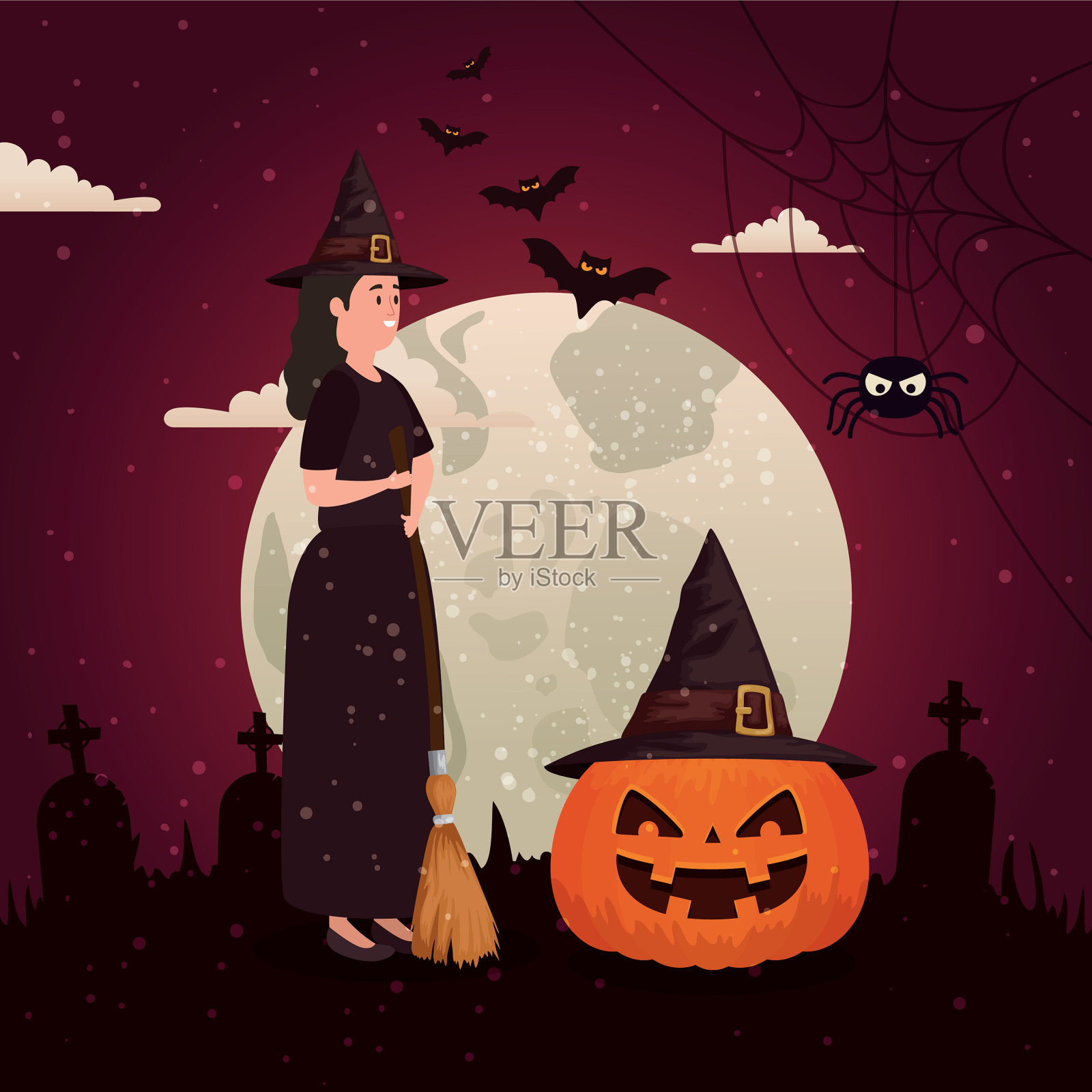 万圣节南瓜与巫婆在黑夜里插画图片素材