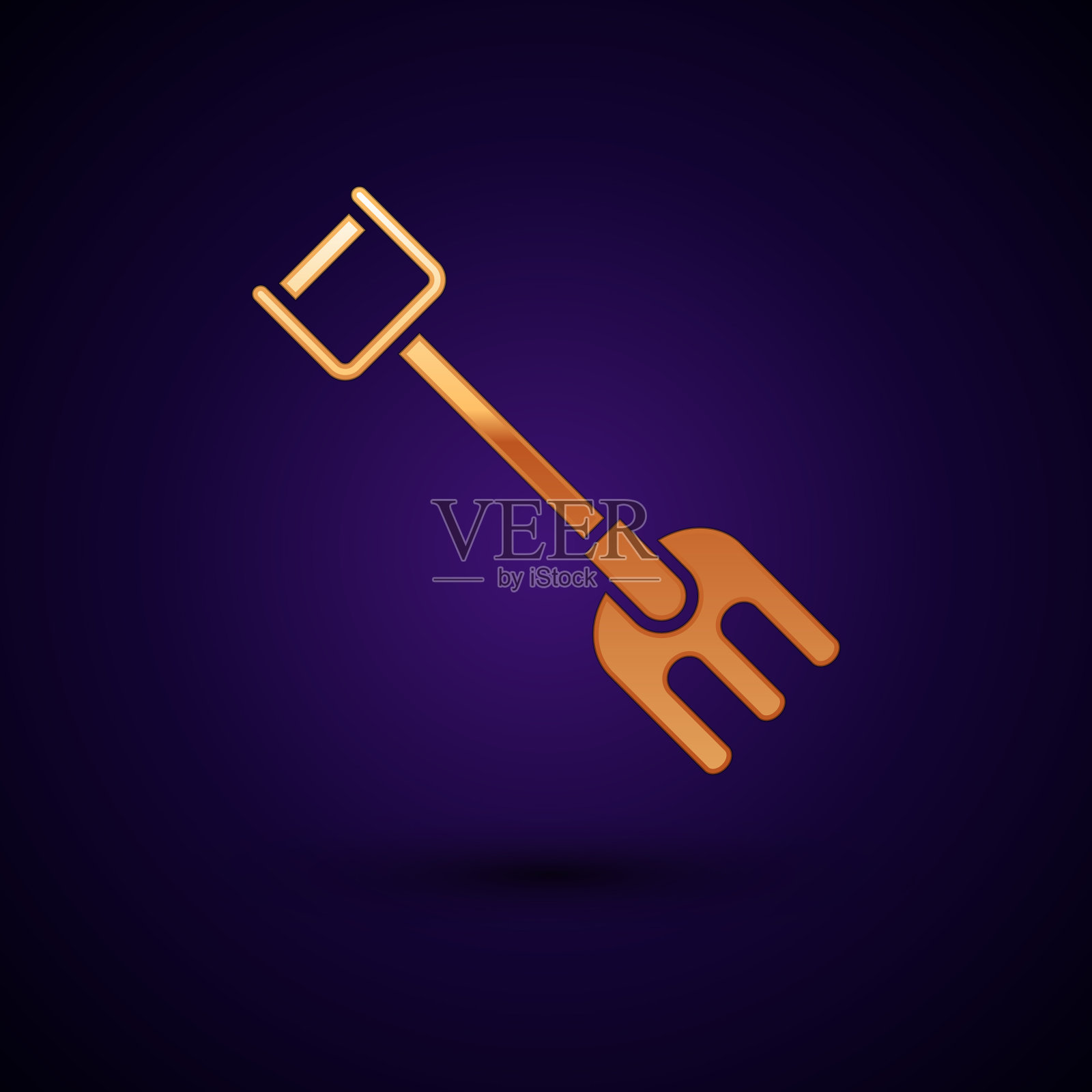 金色花园耙子图标孤立在深蓝色插画图片素材