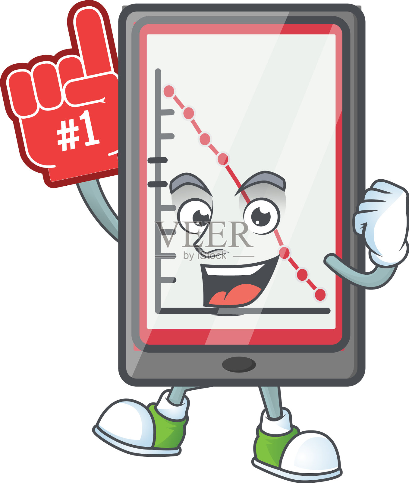 泡沫手指向下图表垂直平板与吉祥物设计元素图片