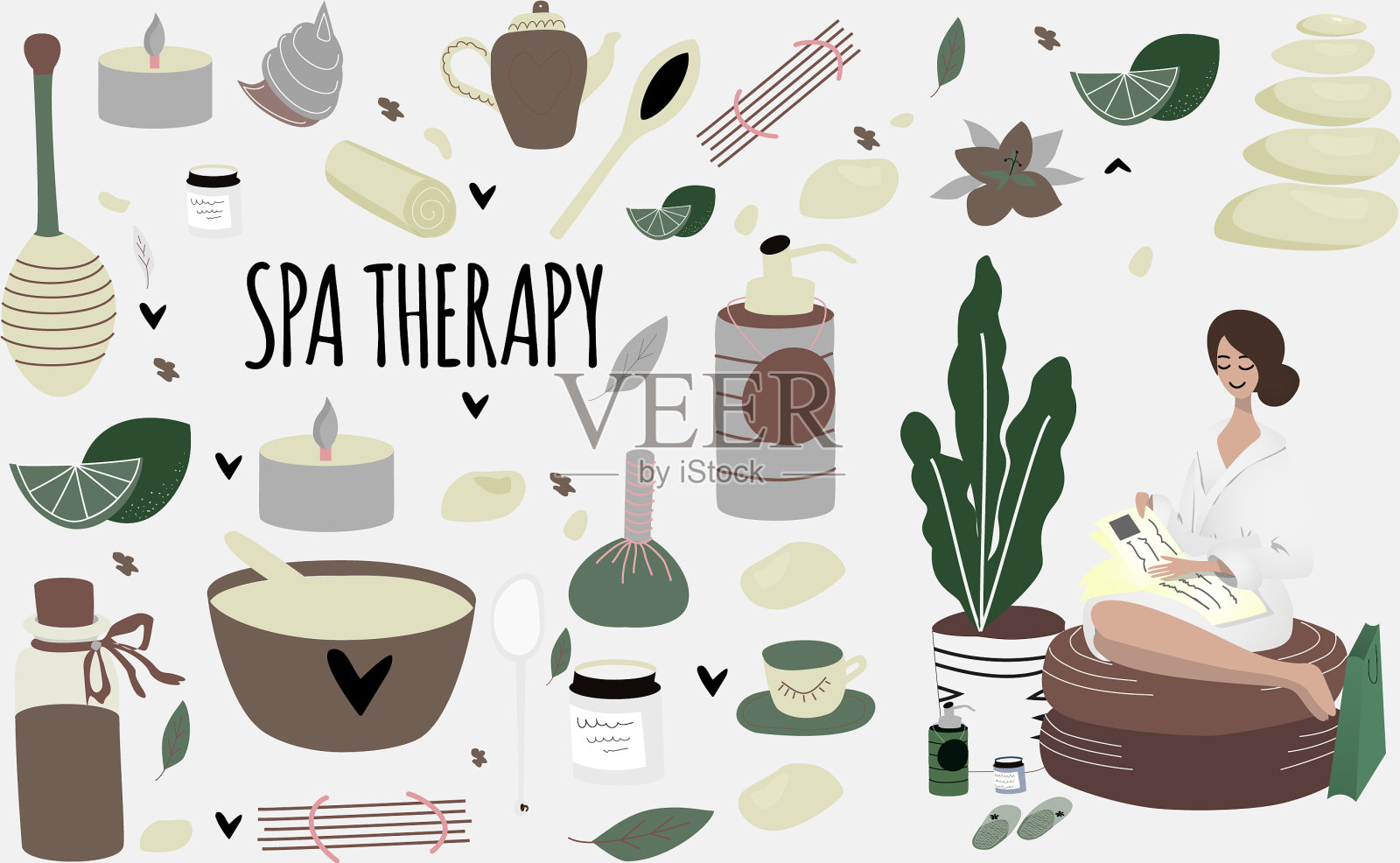 设置涂鸦水疗元素和放松的女人插画图片素材