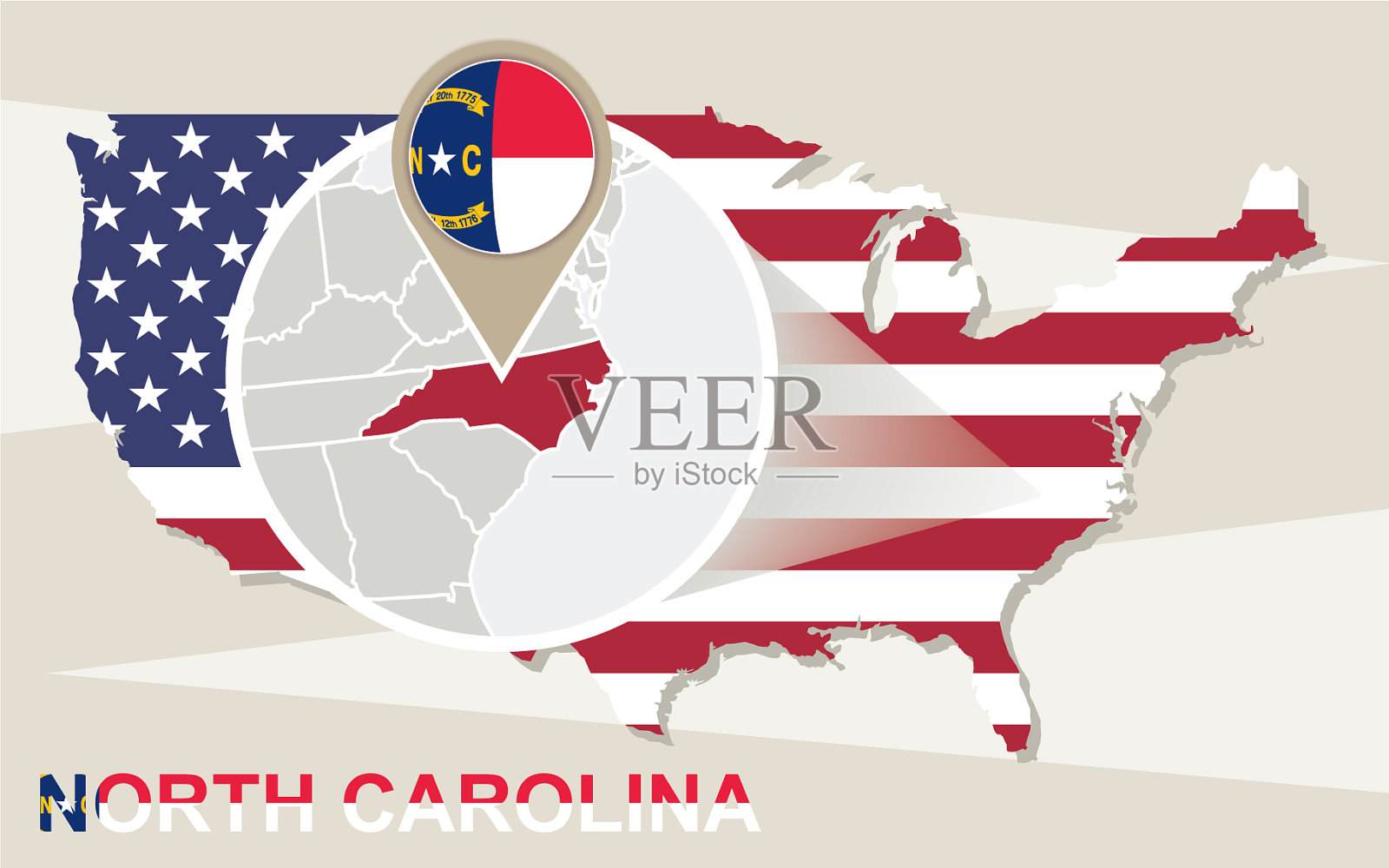 美国地图与放大北卡罗莱纳州北部插画图片素材