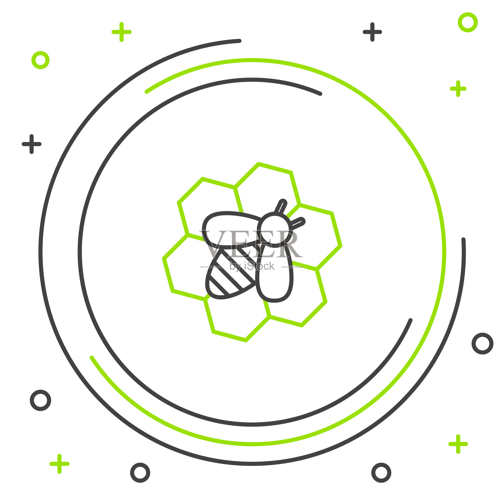 黑色和绿色线蜜蜂和蜂窝状图标上插画图片素材