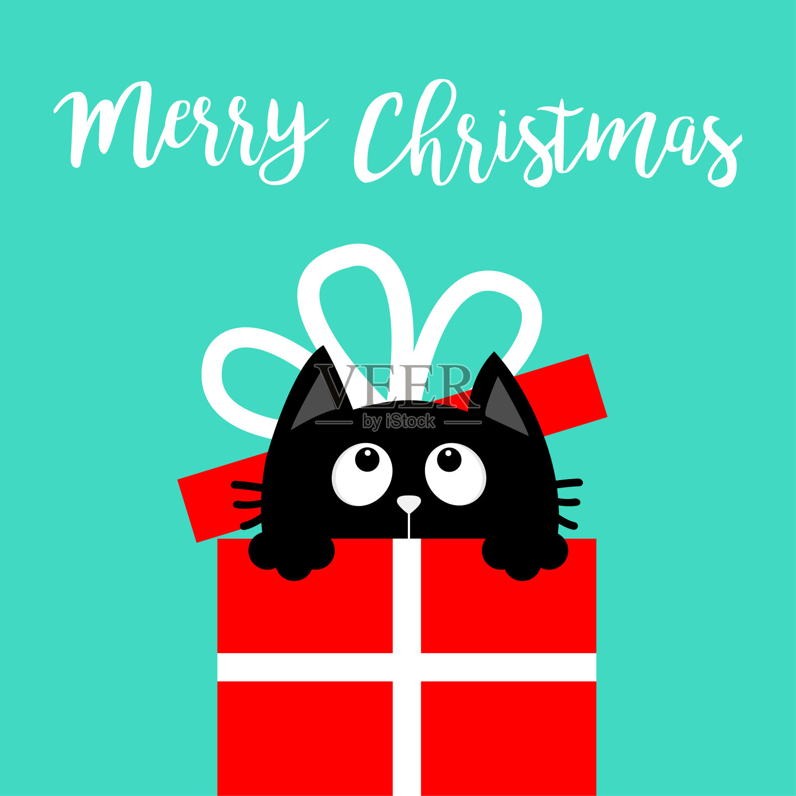 礼品盒中的猫咪与蝴蝶结圣诞贺卡插画图片素材